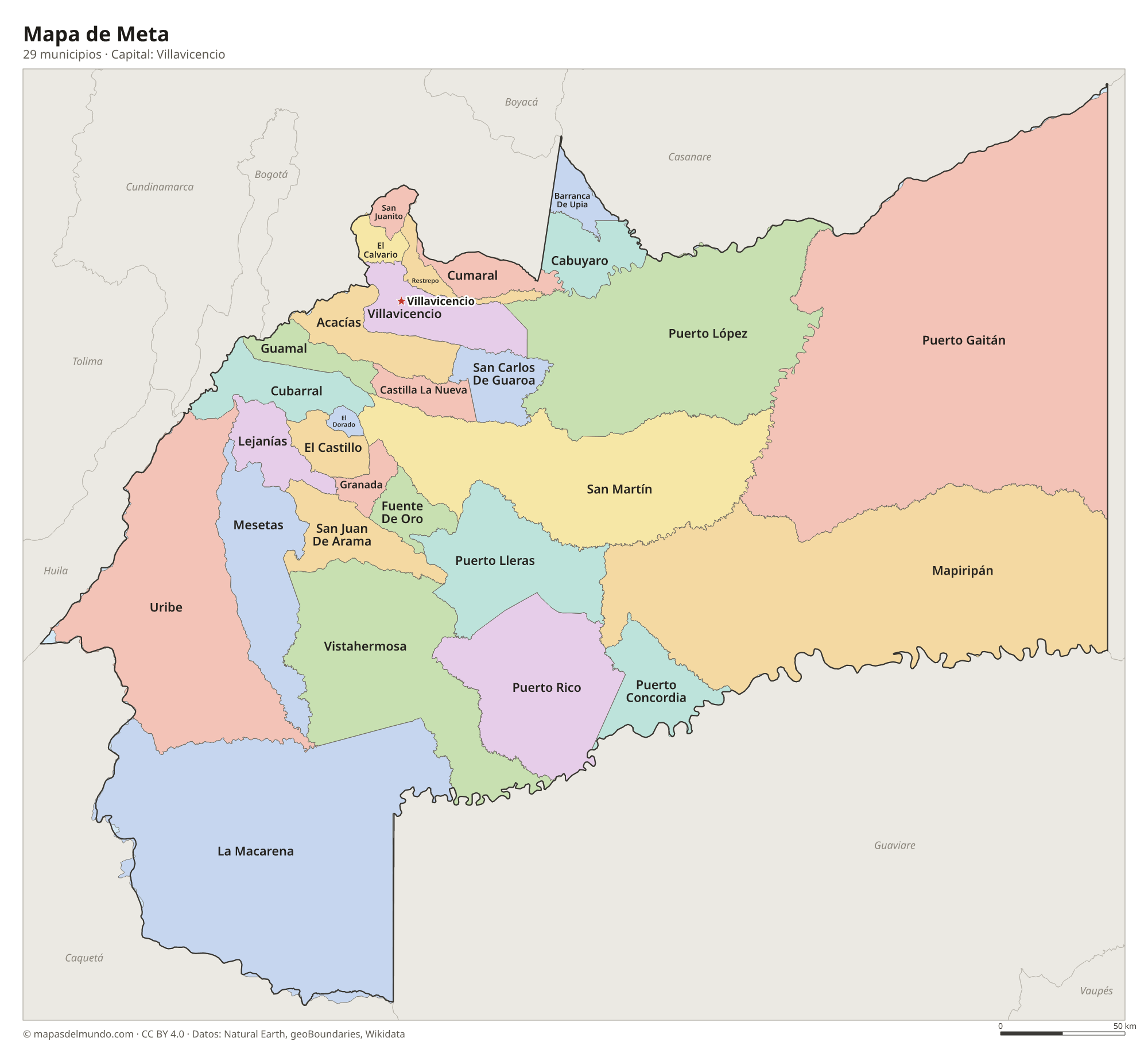 Mapa de Meta con sus 29 municipios