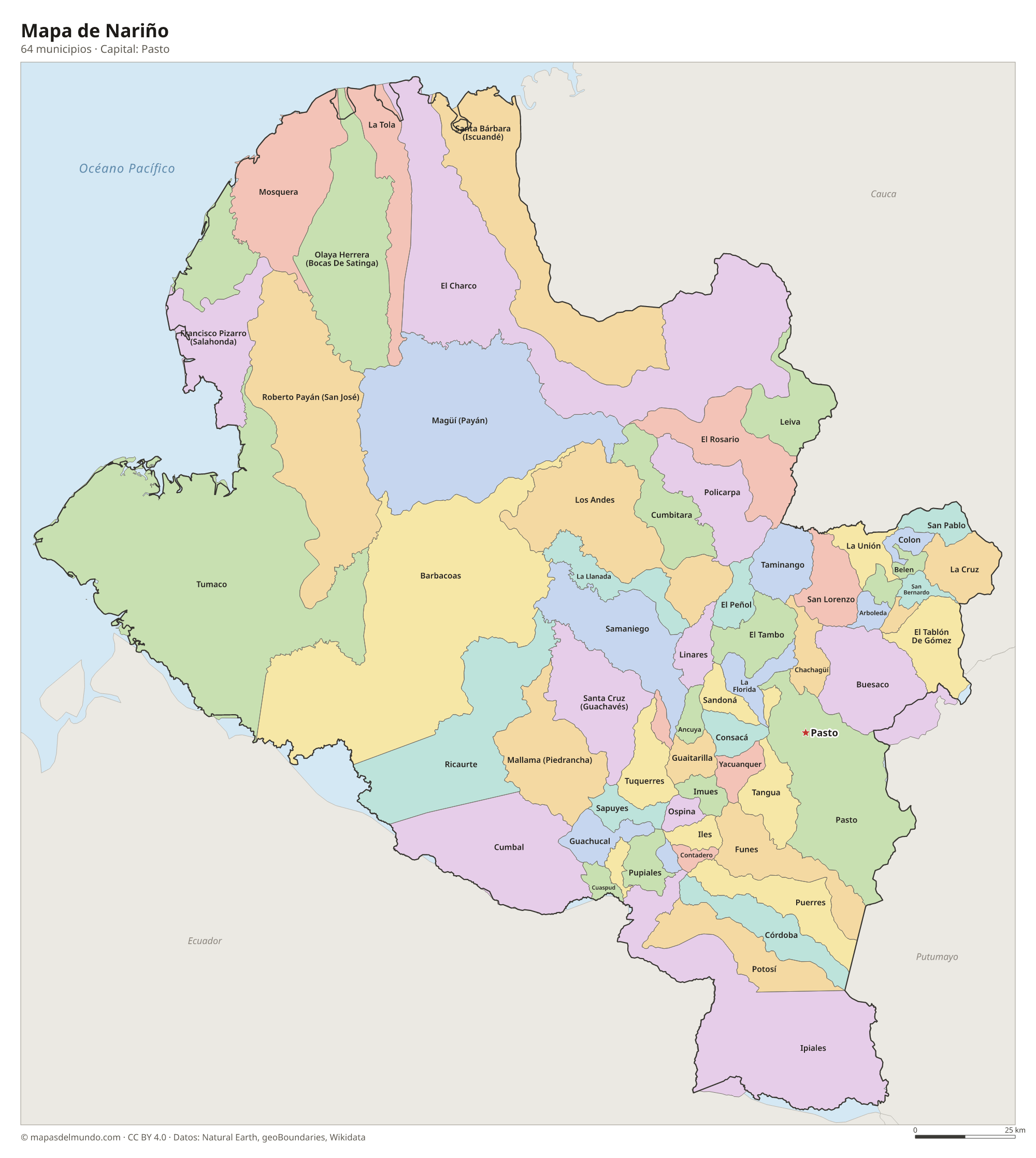 Mapa de Nariño con sus 64 municipios