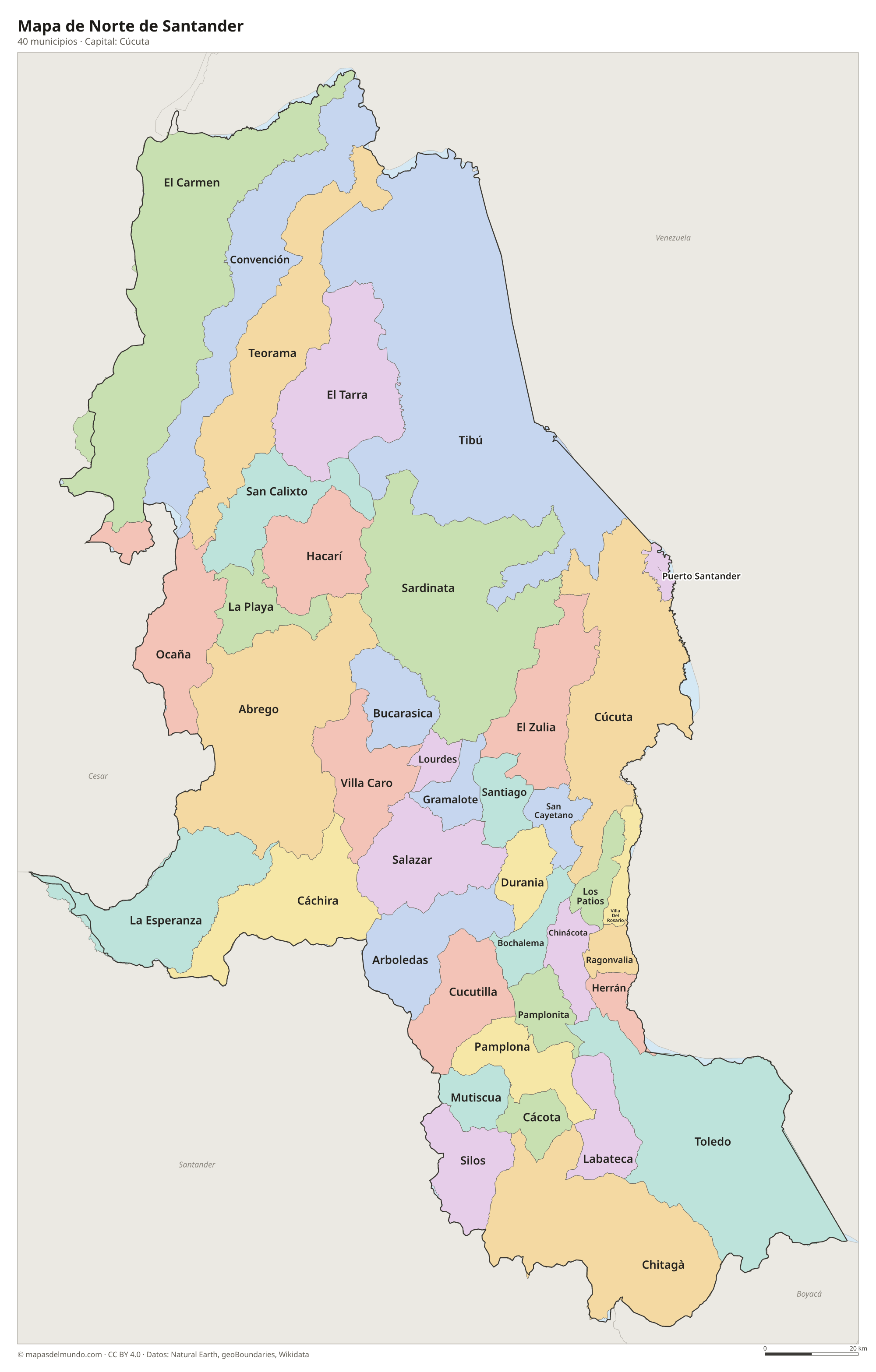 Mapa de Norte de Santander con sus 40 municipios