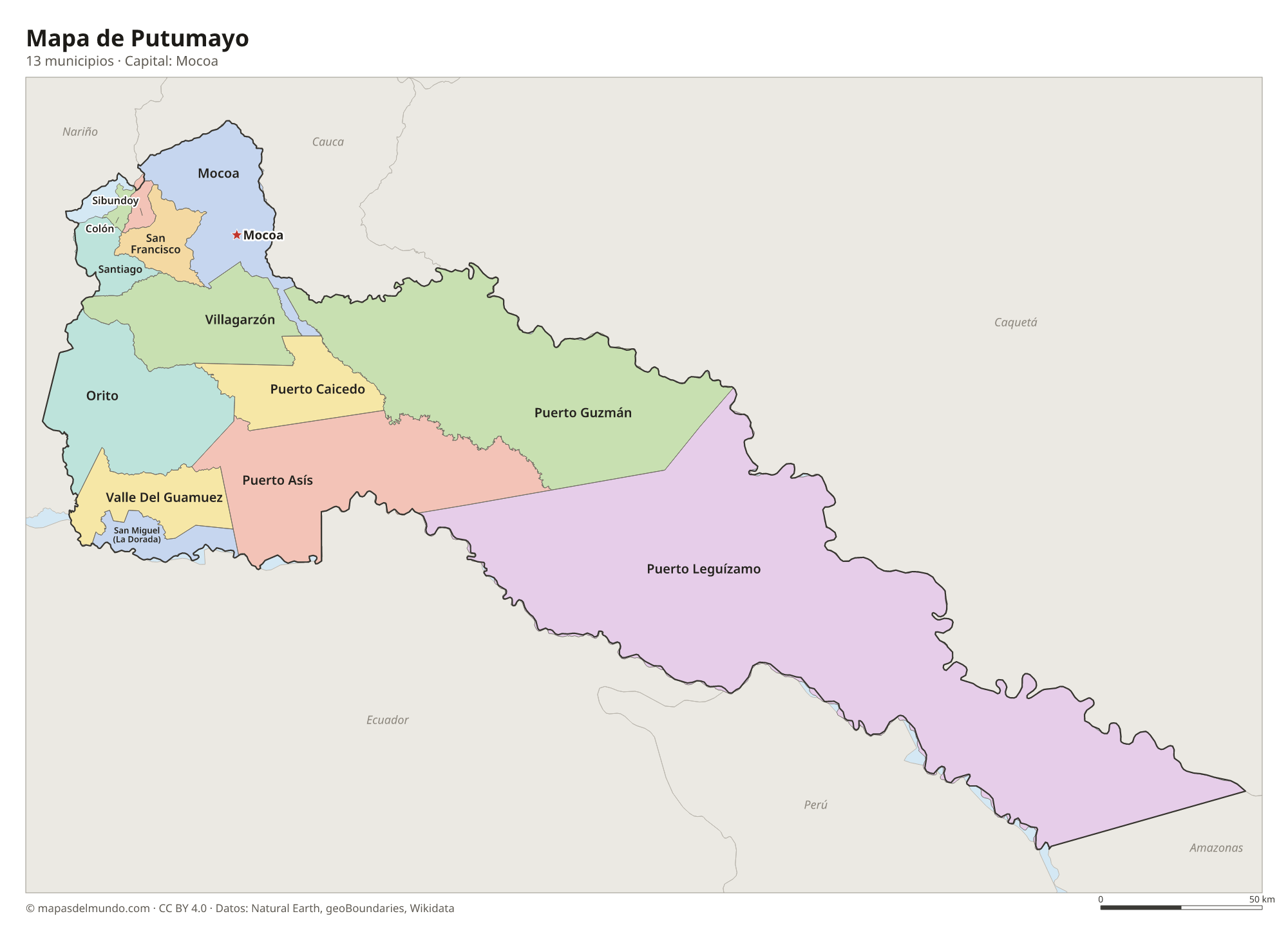 Mapa de Putumayo con sus 13 municipios