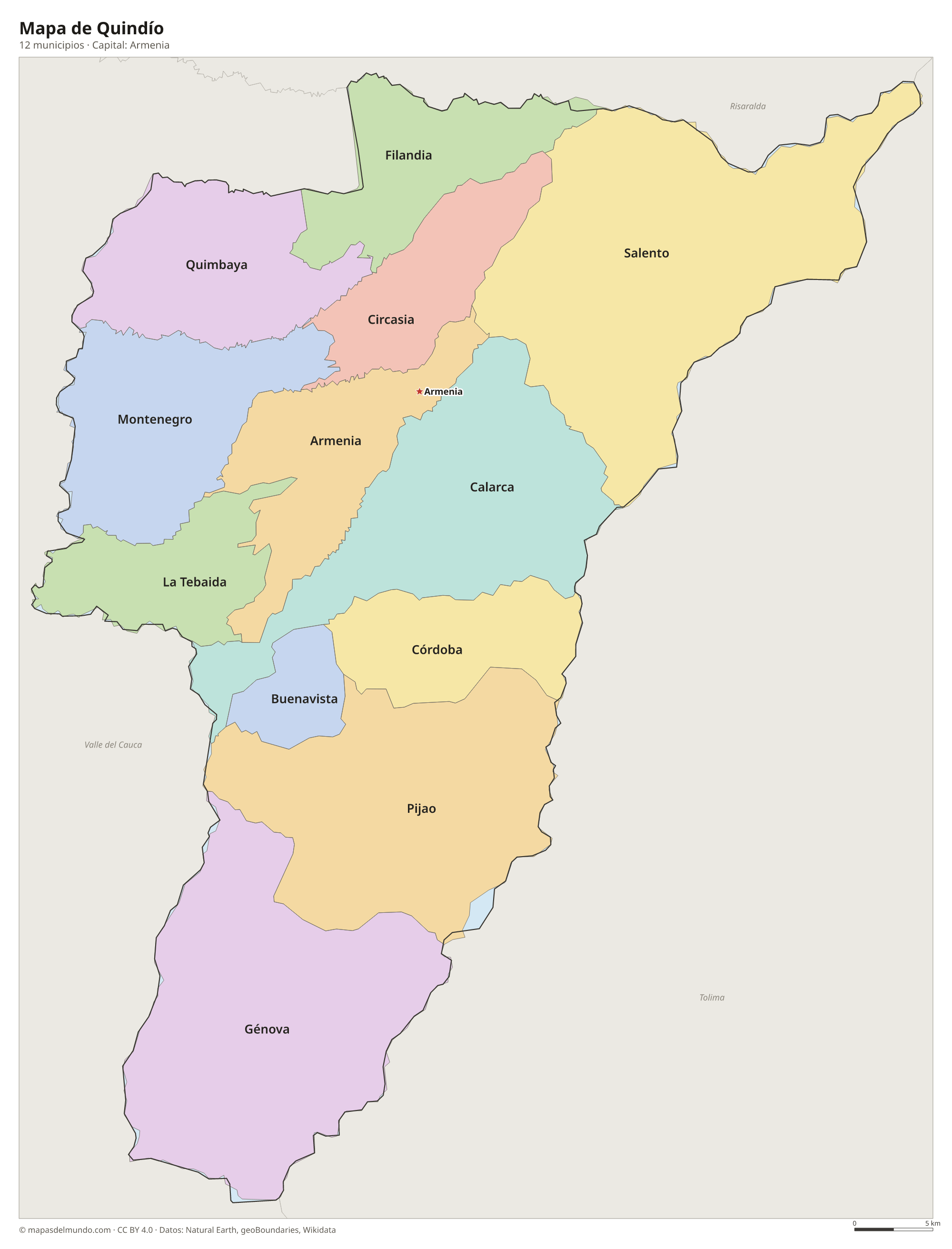 Mapa de Quindío con sus 12 municipios