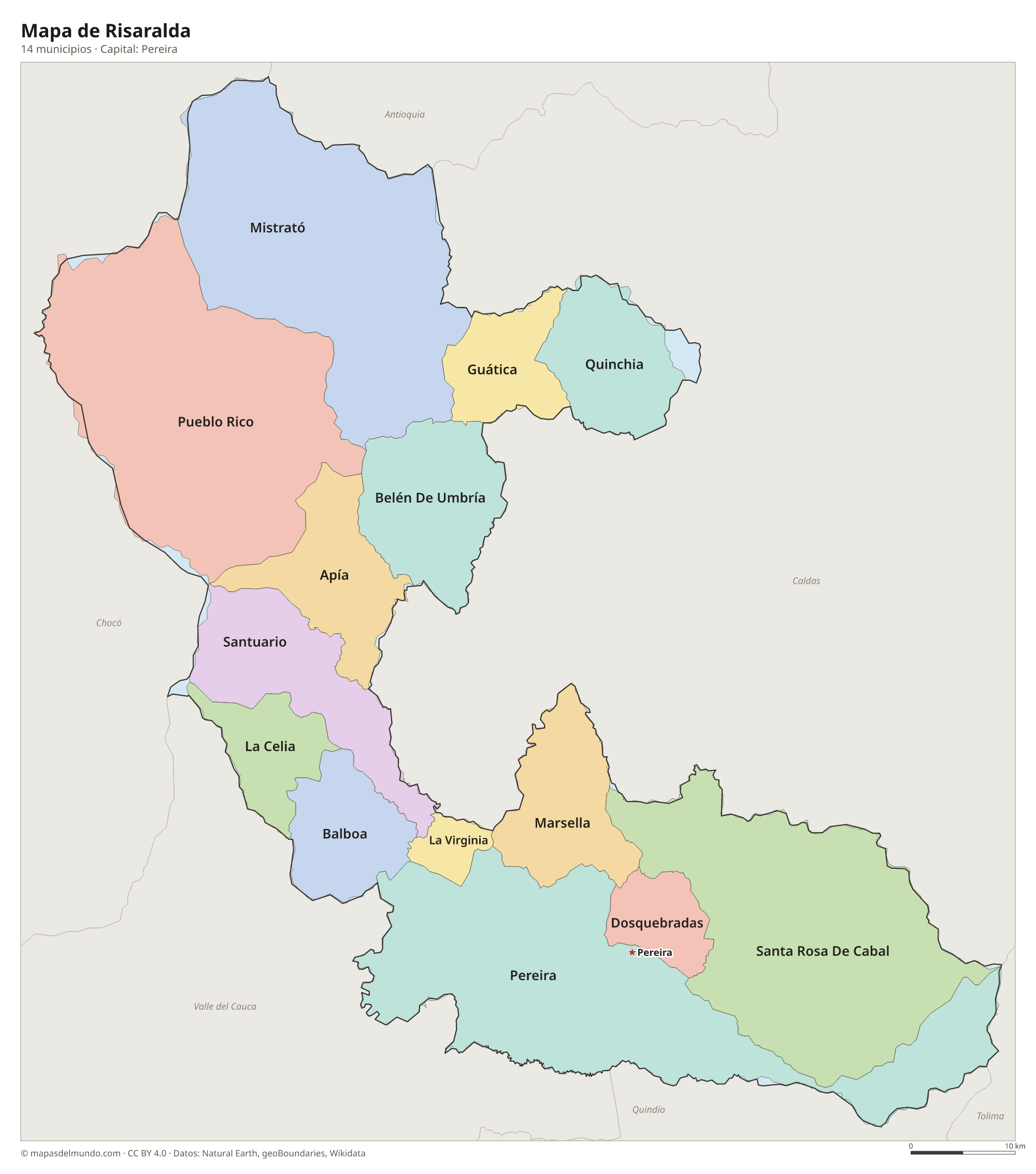 Mapa de Risaralda con sus 14 municipios