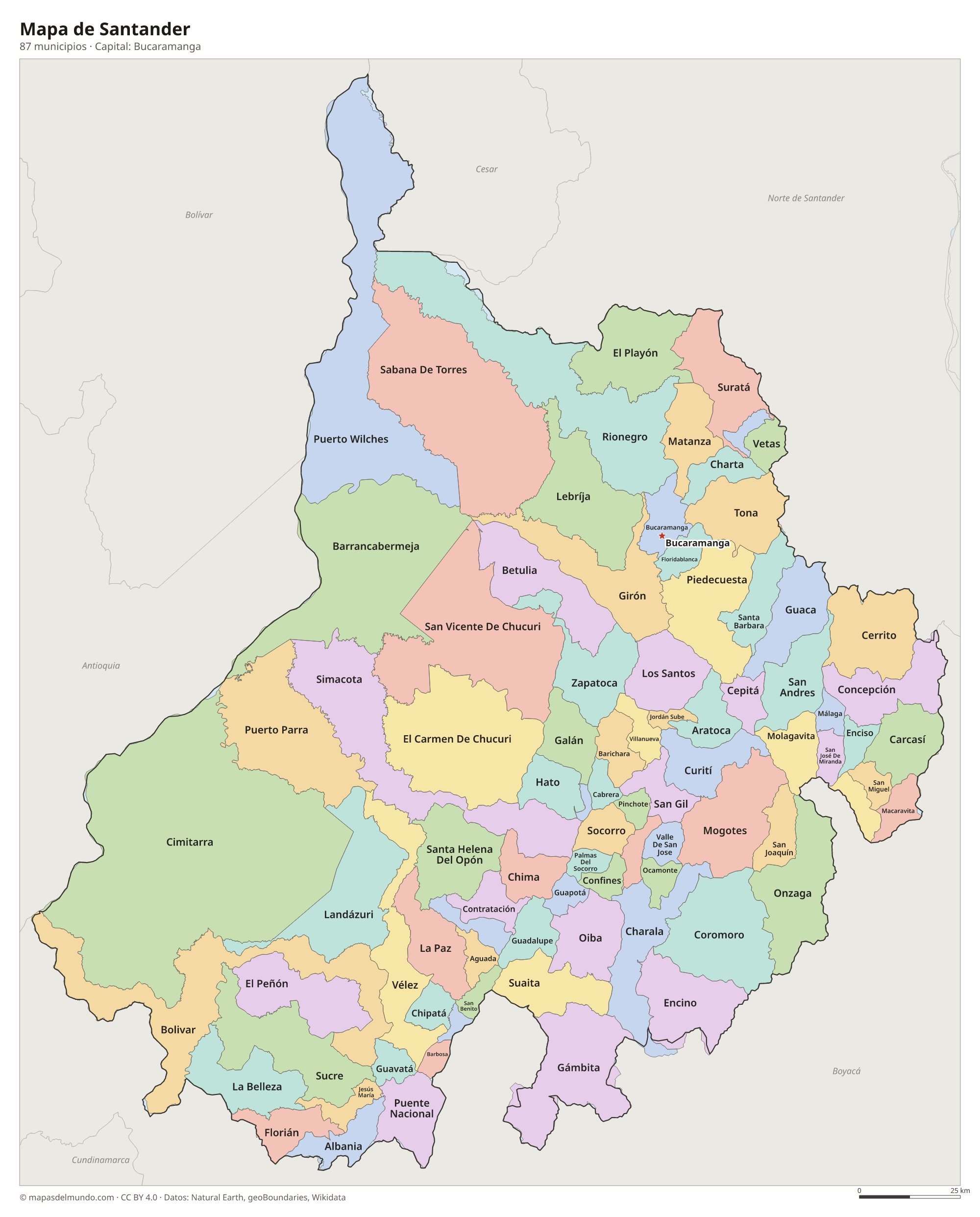 Mapa de Santander con sus 87 municipios