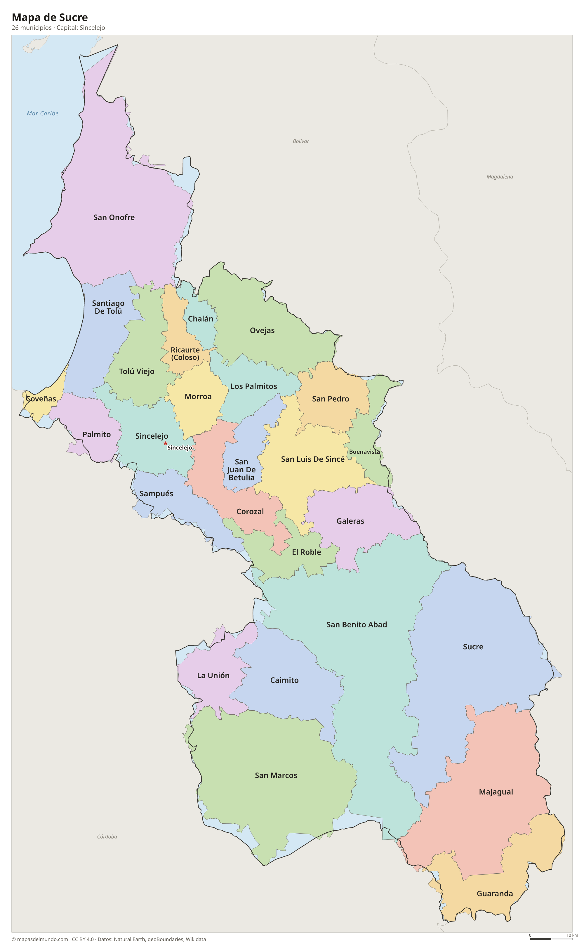 Mapa de Sucre con sus 26 municipios