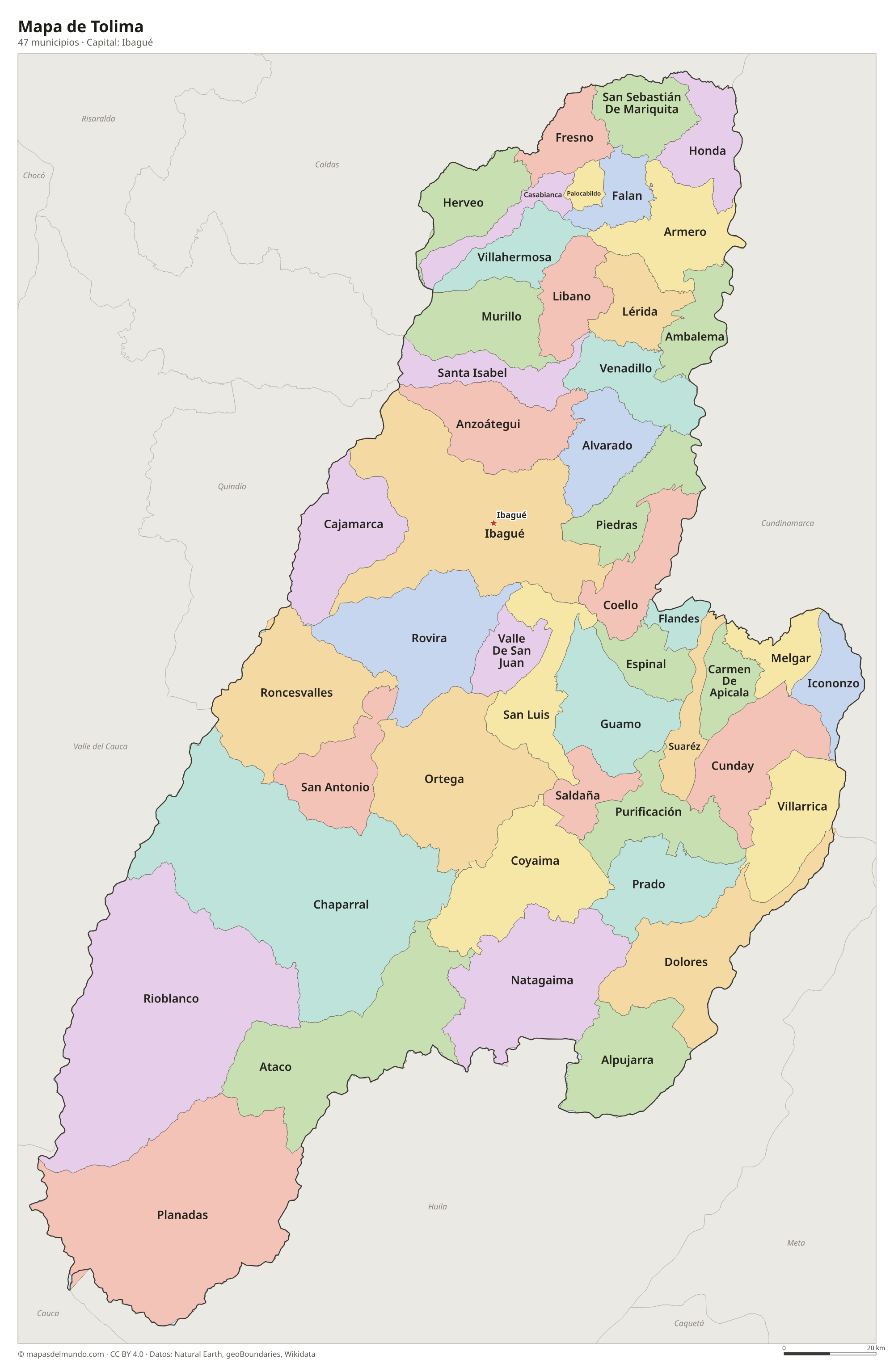 Mapa de Tolima con sus 47 municipios