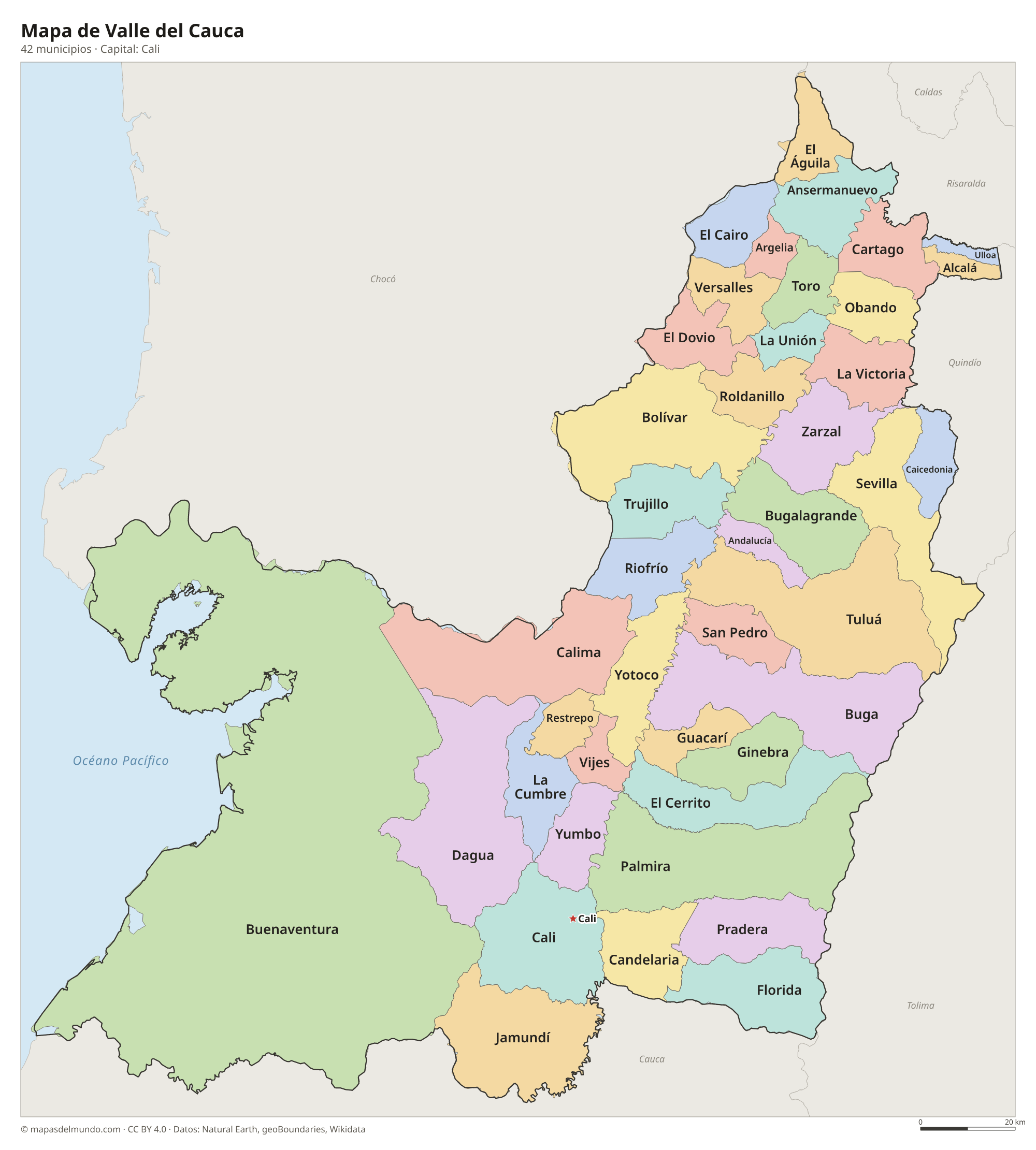 Mapa de Valle del Cauca con sus 42 municipios