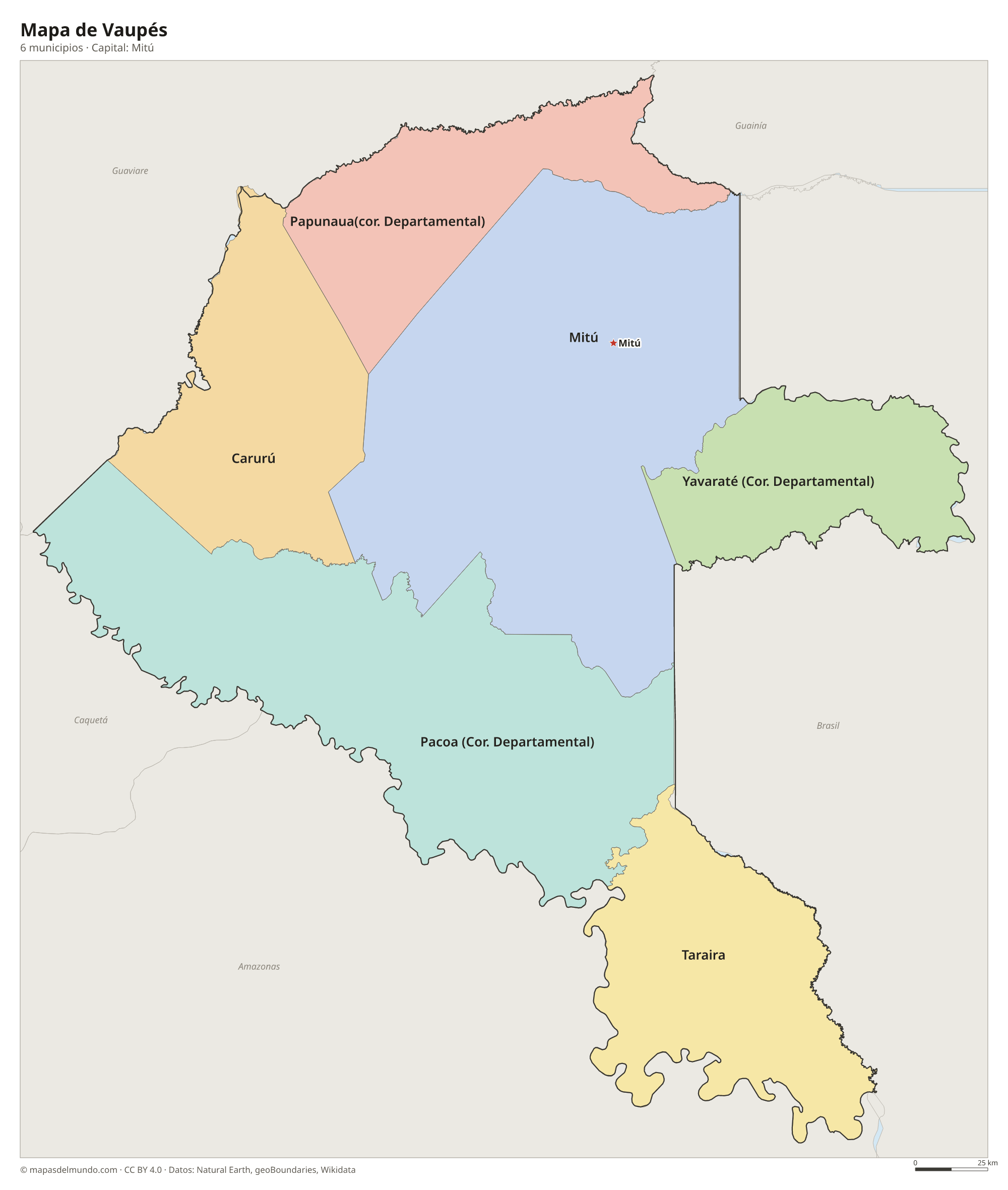 Mapa de Vaupés con sus 6 municipios