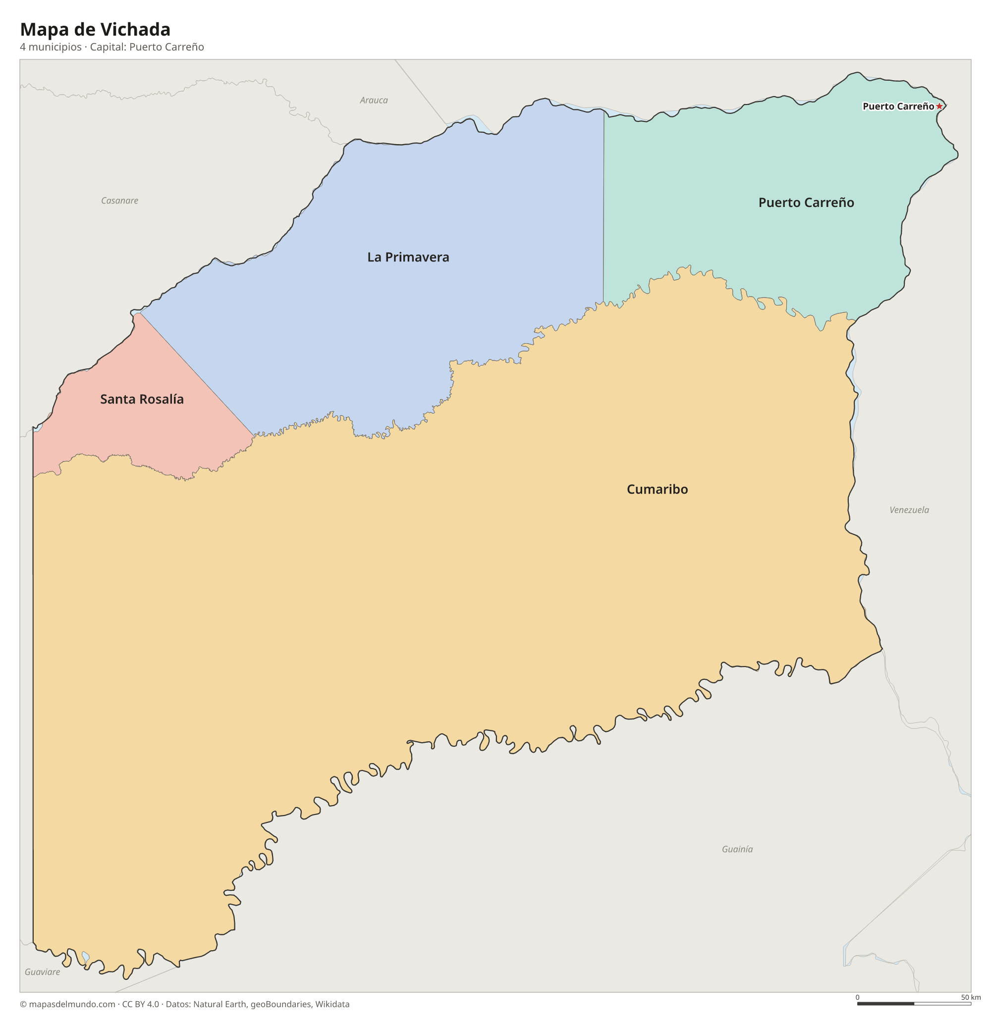 Mapa de Vichada con sus 4 municipios