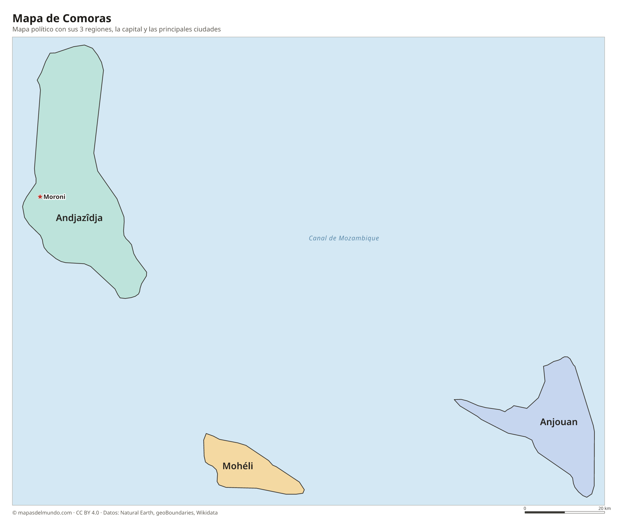 Mapa político de Comoras con sus regiones y la capital Moroni