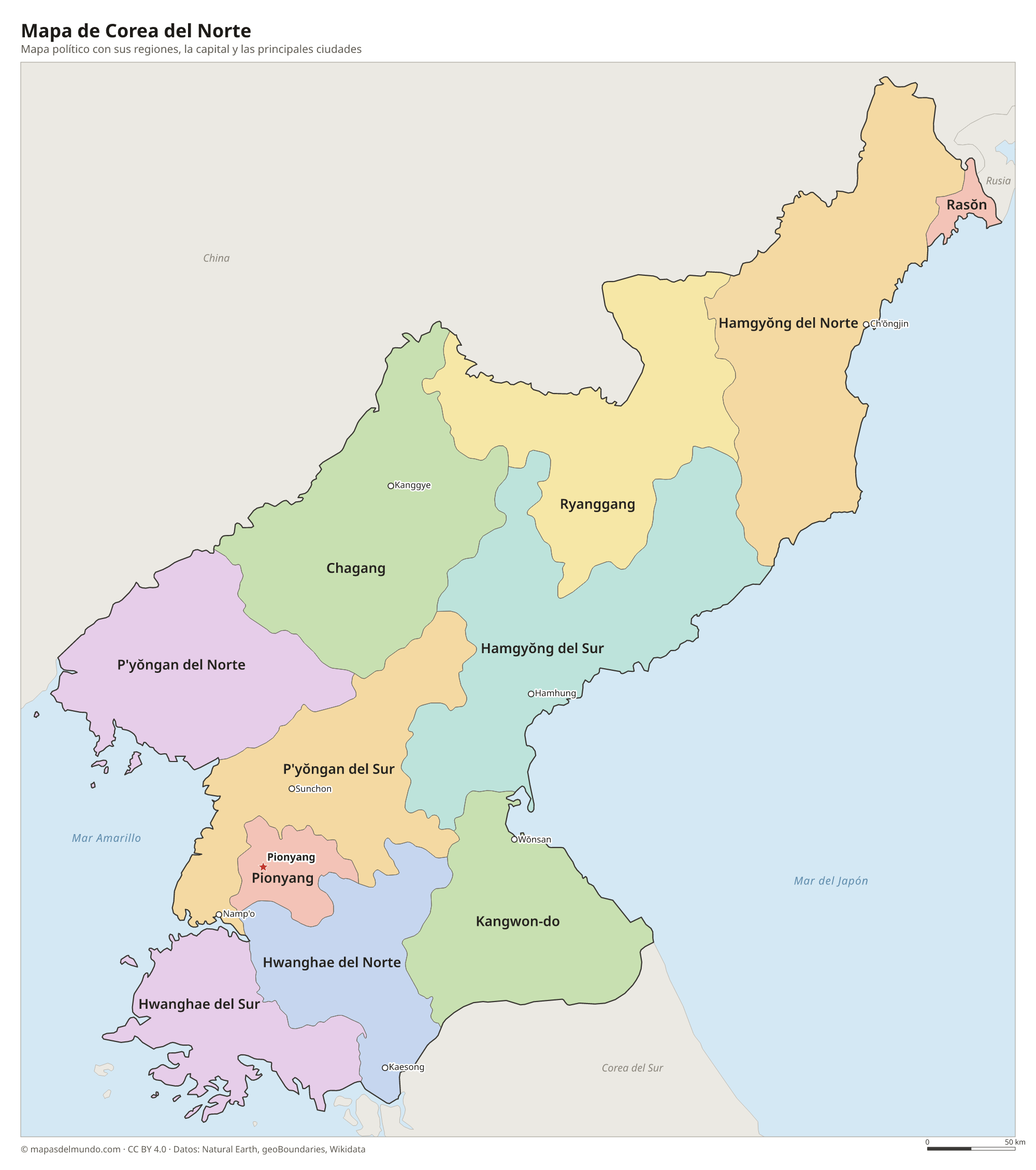Mapa político de Corea del Norte con sus regiones y la capital Pionyang