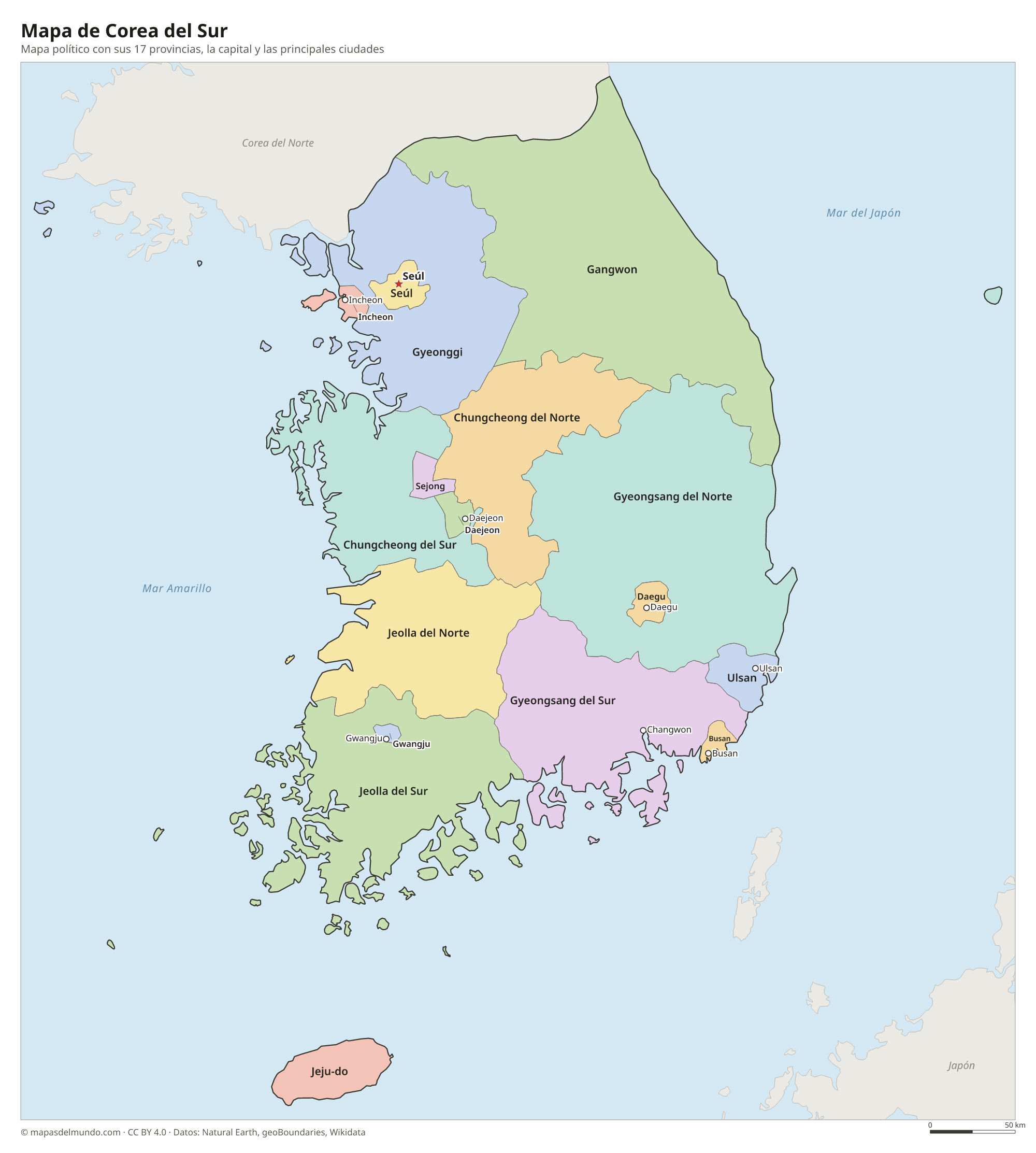 Mapa político de Corea del Sur con sus provincias y la capital Seúl