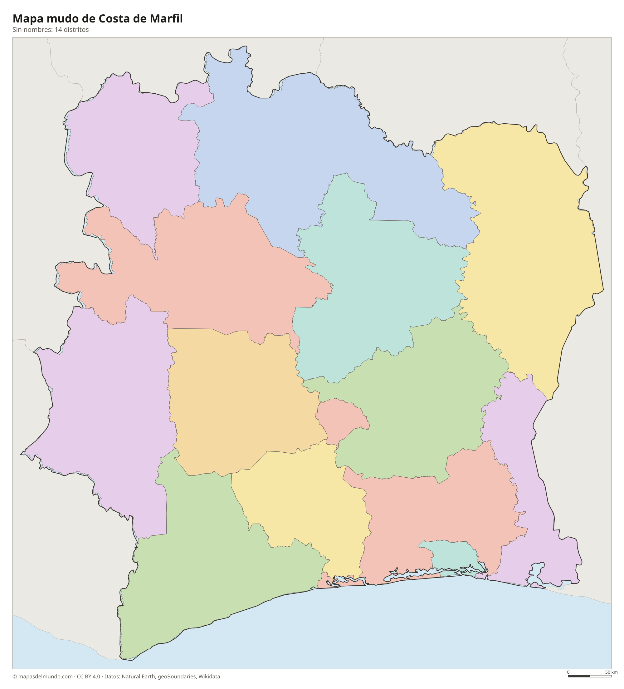 Mapa mudo de Costa de Marfil sin nombres