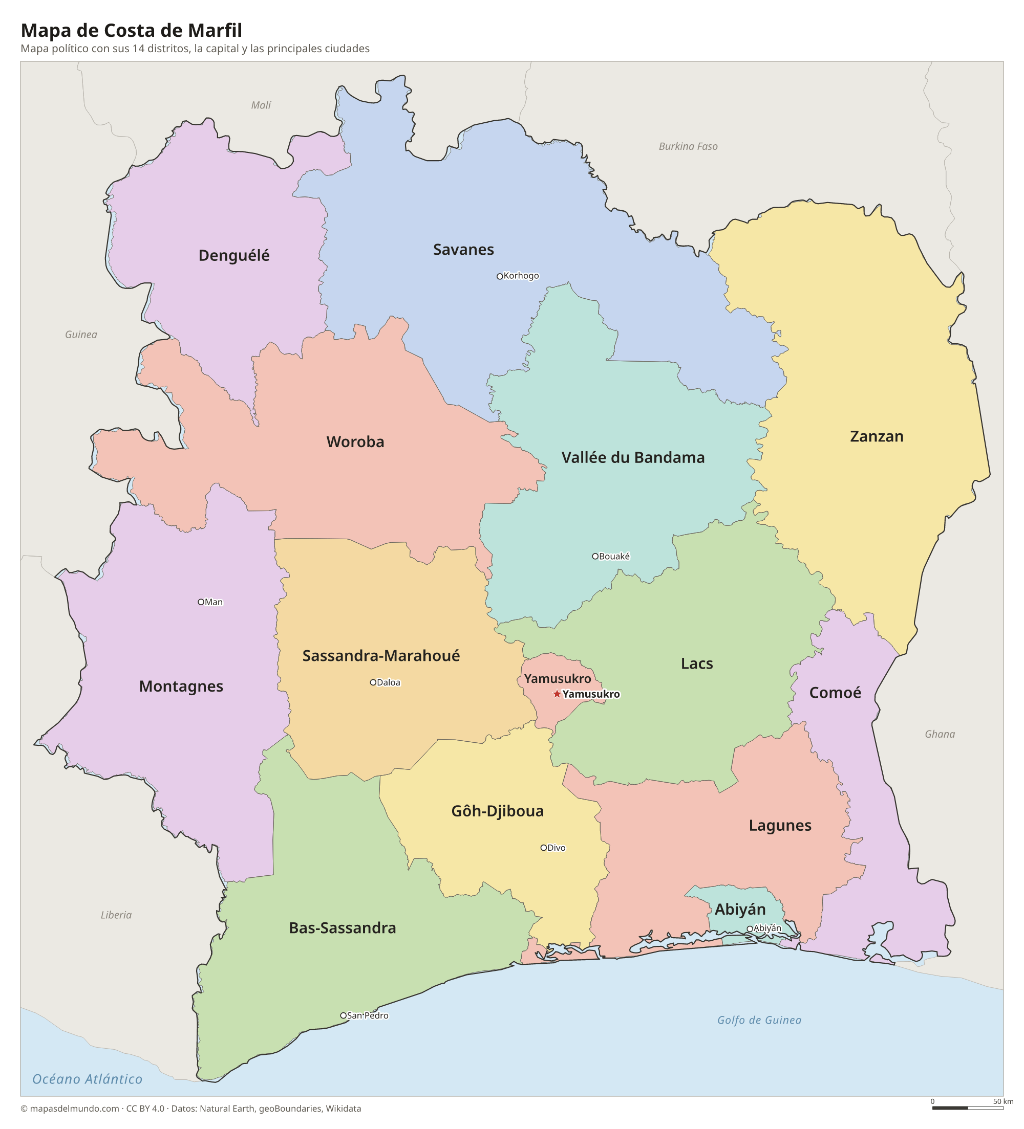 Mapa político de Costa de Marfil con sus distritos y la capital Yamusukro