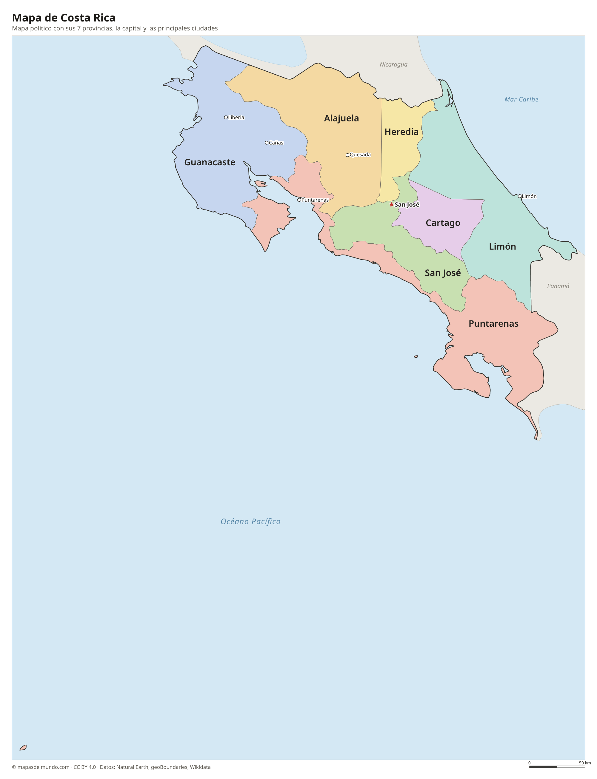 Mapa político de Costa Rica con sus provincias y la capital San José