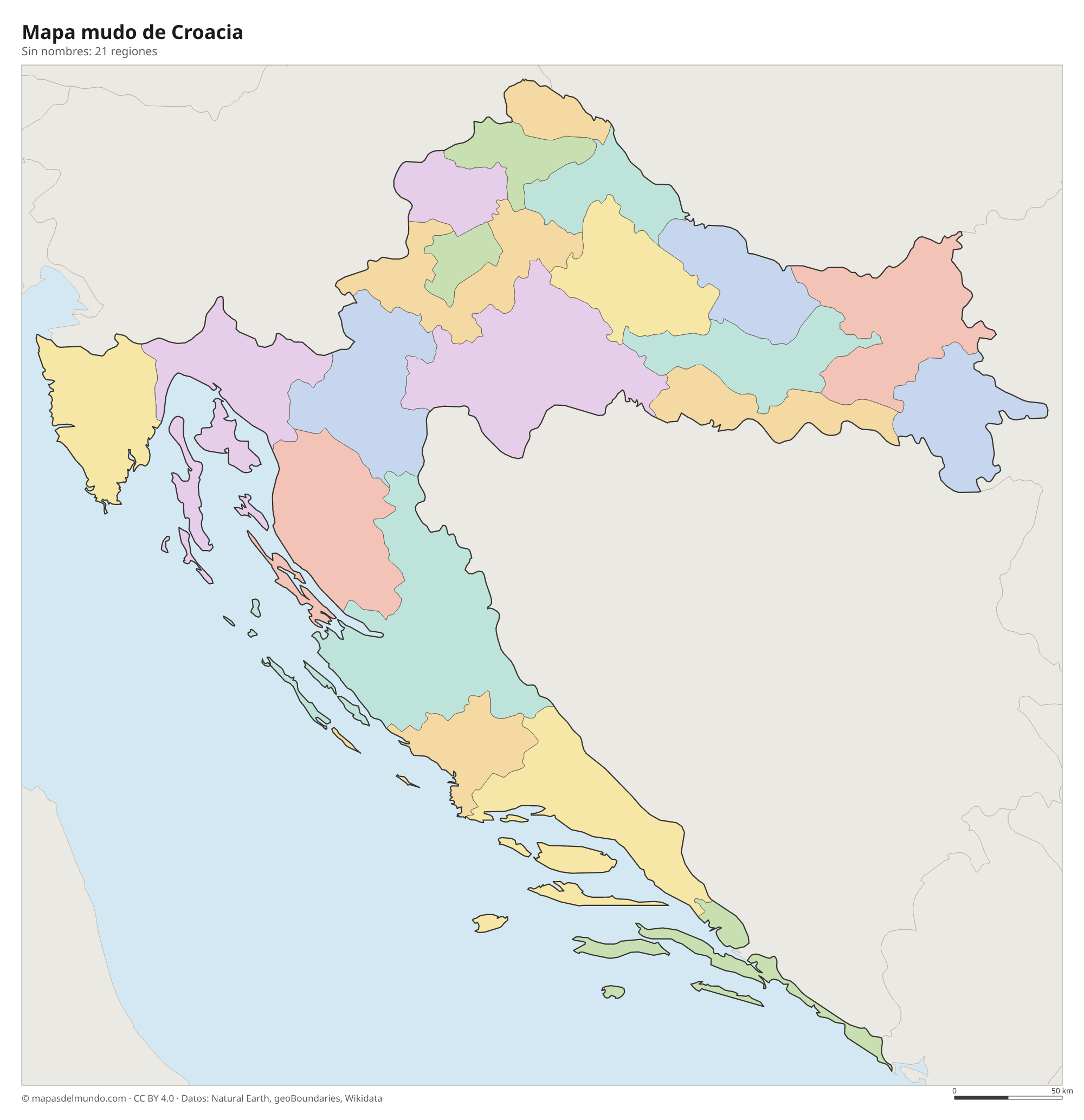 Mapa mudo de Croacia sin nombres