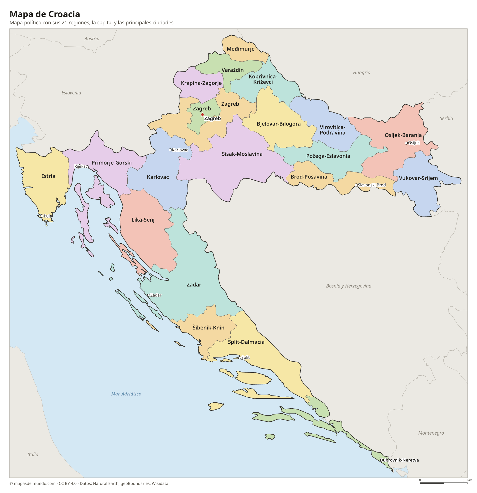 Mapa político de Croacia con sus regiones y la capital Zagreb