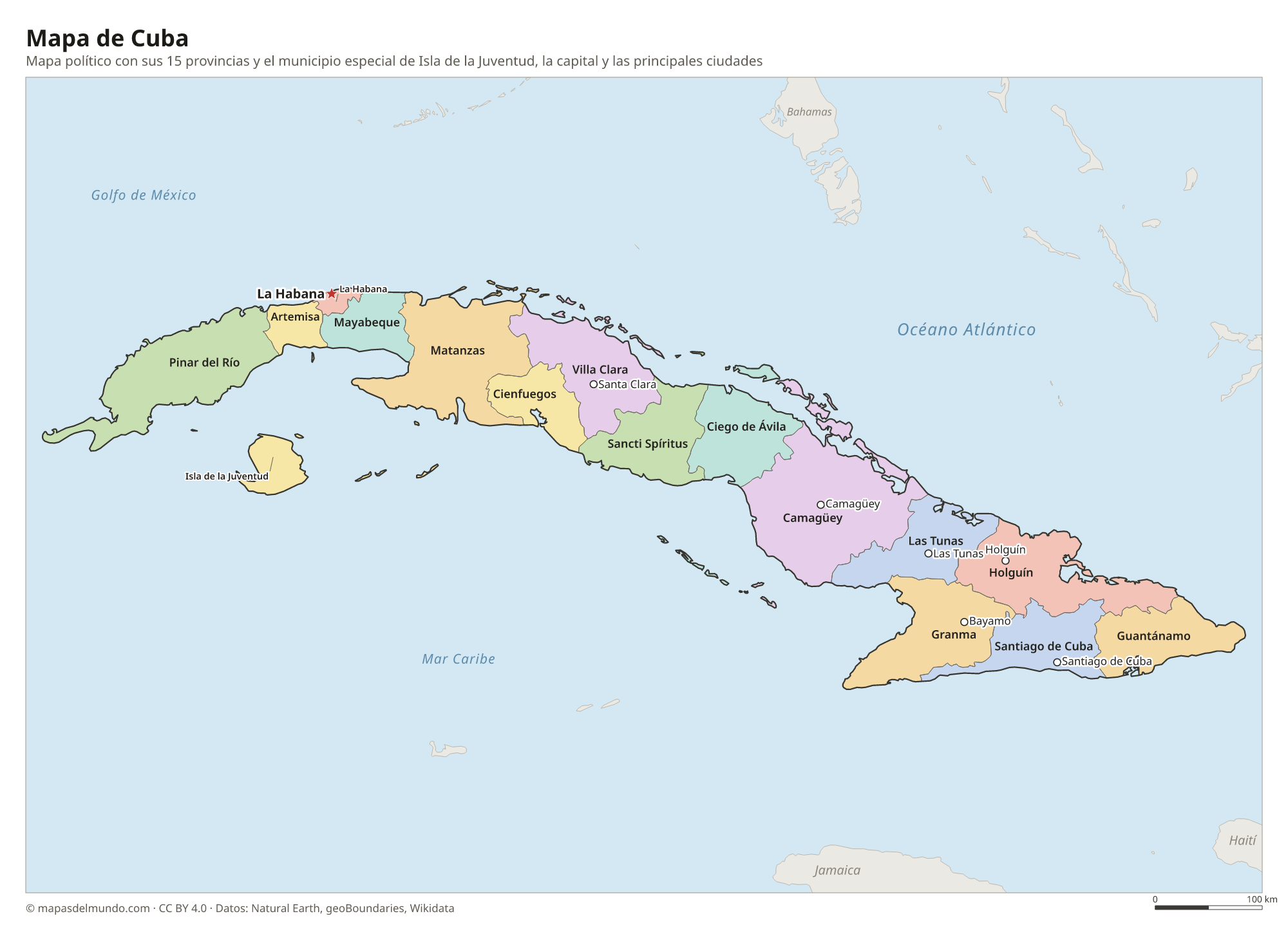 Mapa político de Cuba con sus provincias y la capital La Habana