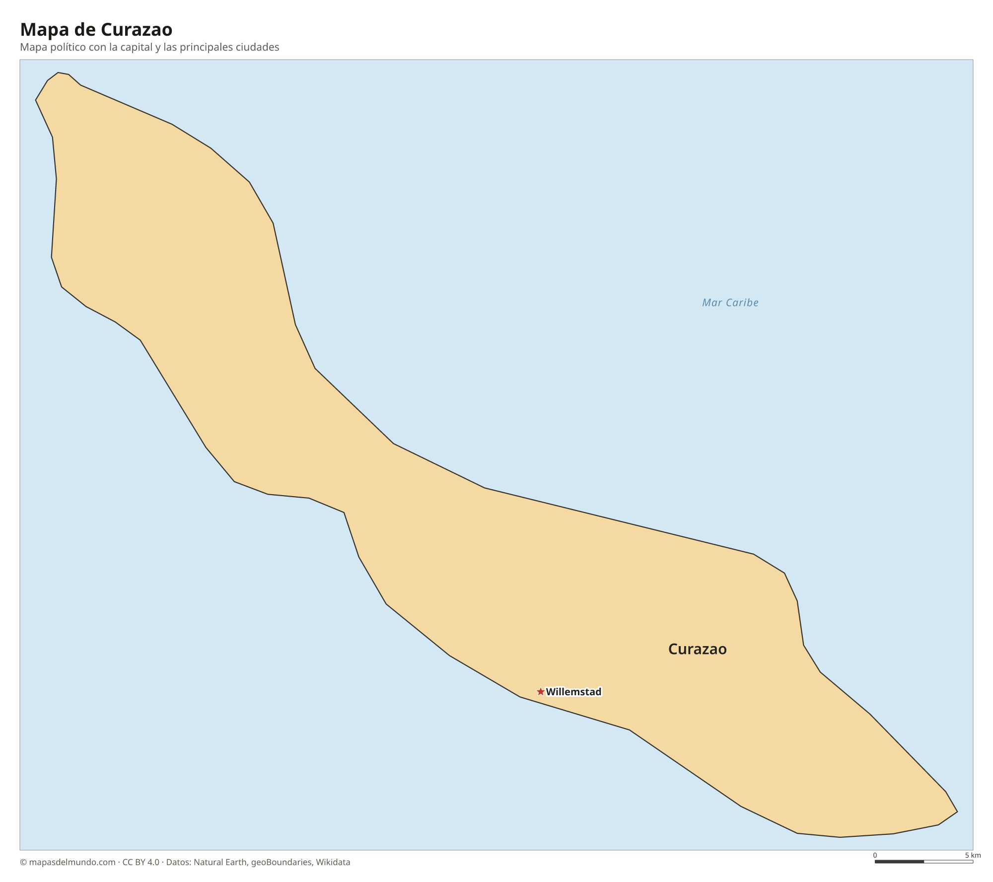 Mapa político de Curazao con la capital Willemstad