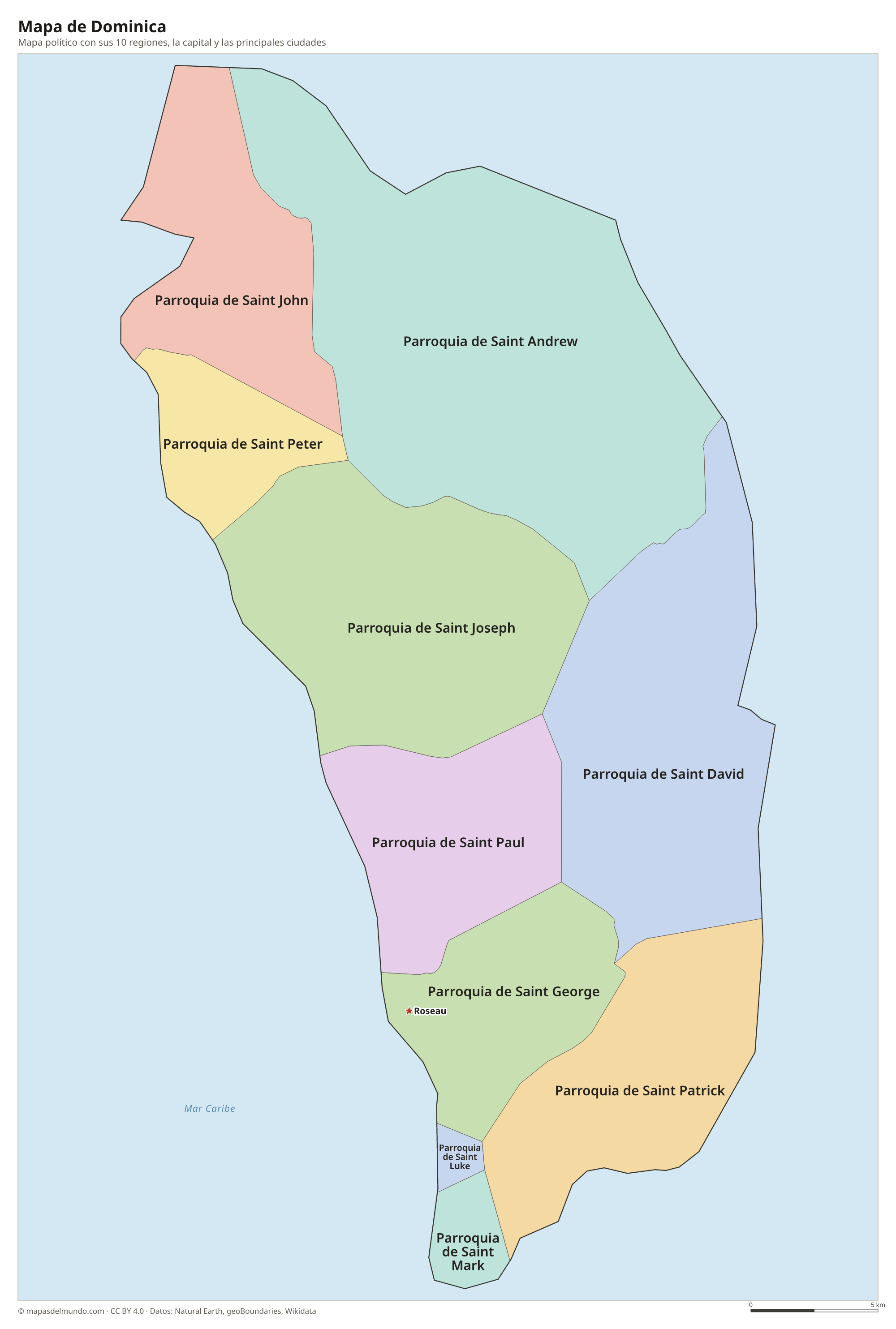 Mapa político de Dominica con sus regiones y la capital Roseau