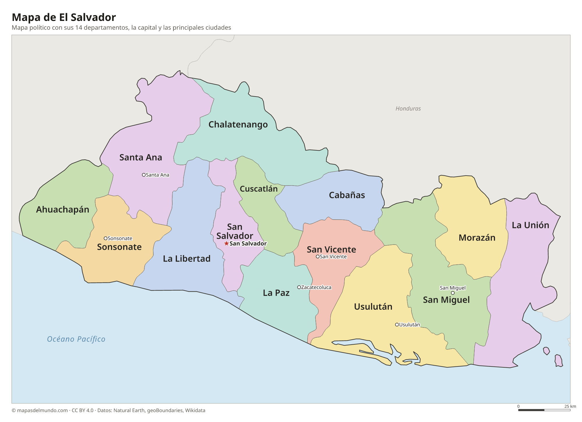 Mapa político de El Salvador con sus departamentos y la capital San Salvador