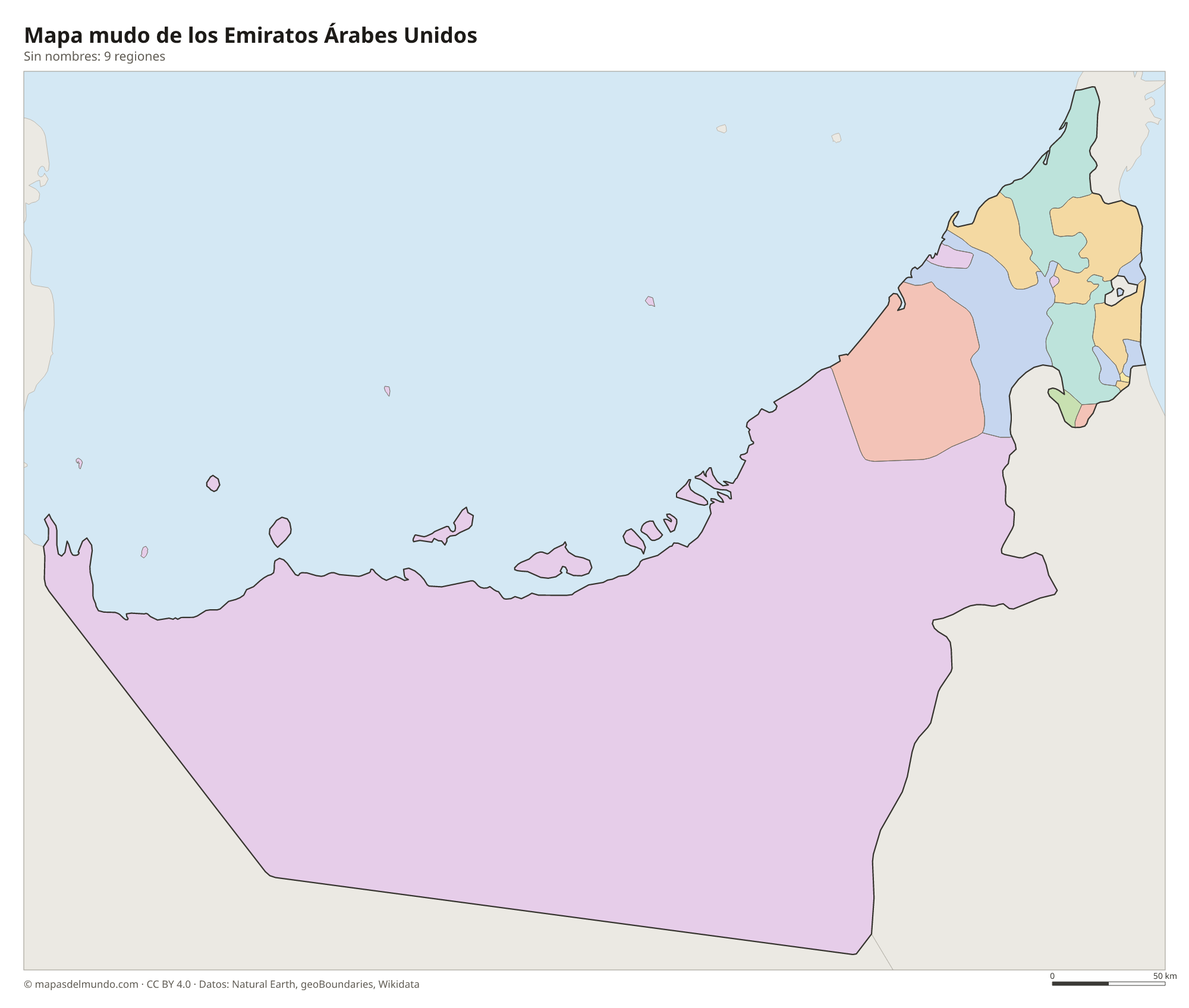 Mapa mudo de los Emiratos Árabes Unidos sin nombres