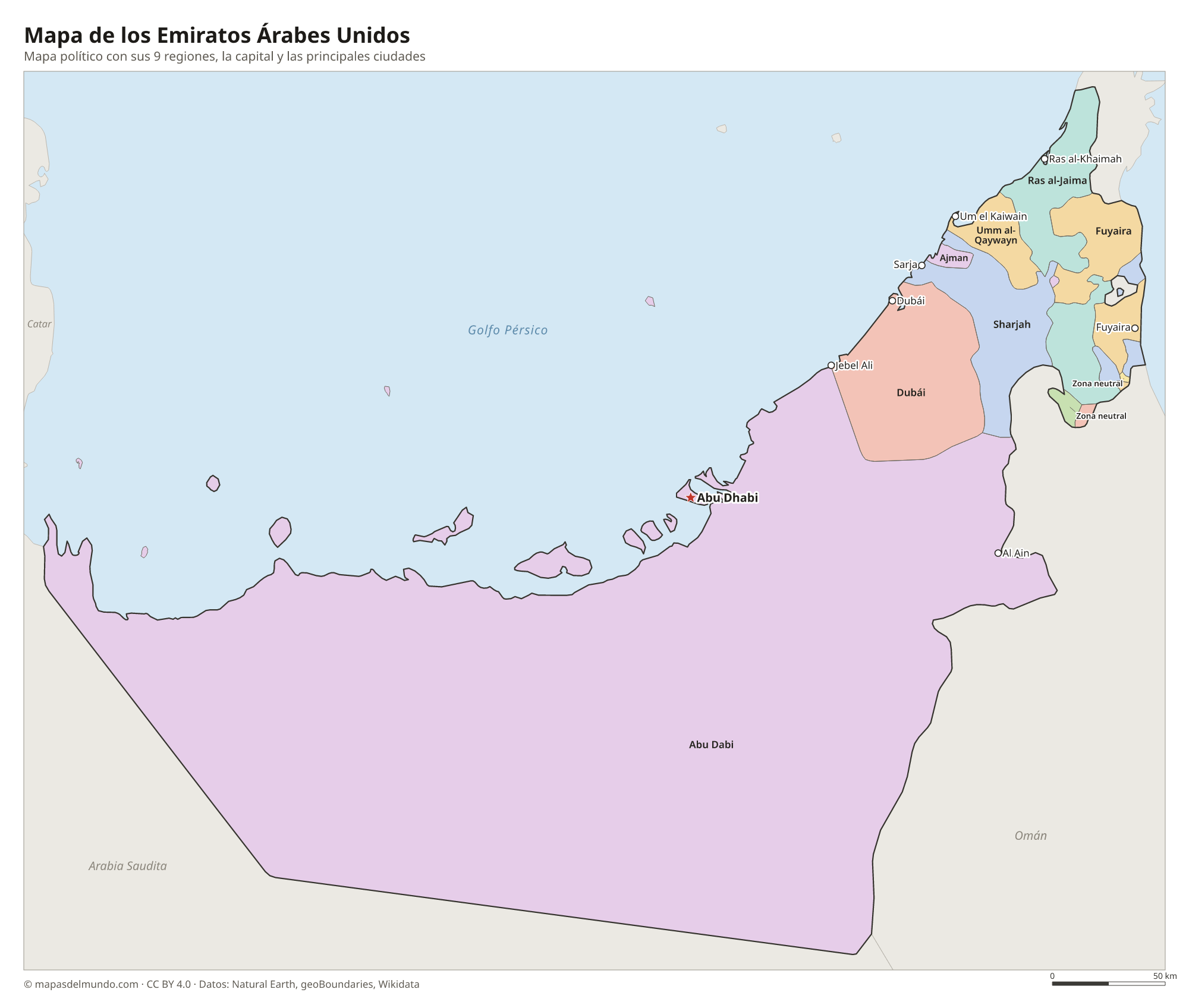 Mapa político de los Emiratos Árabes Unidos con sus regiones y la capital Abu Dhabi