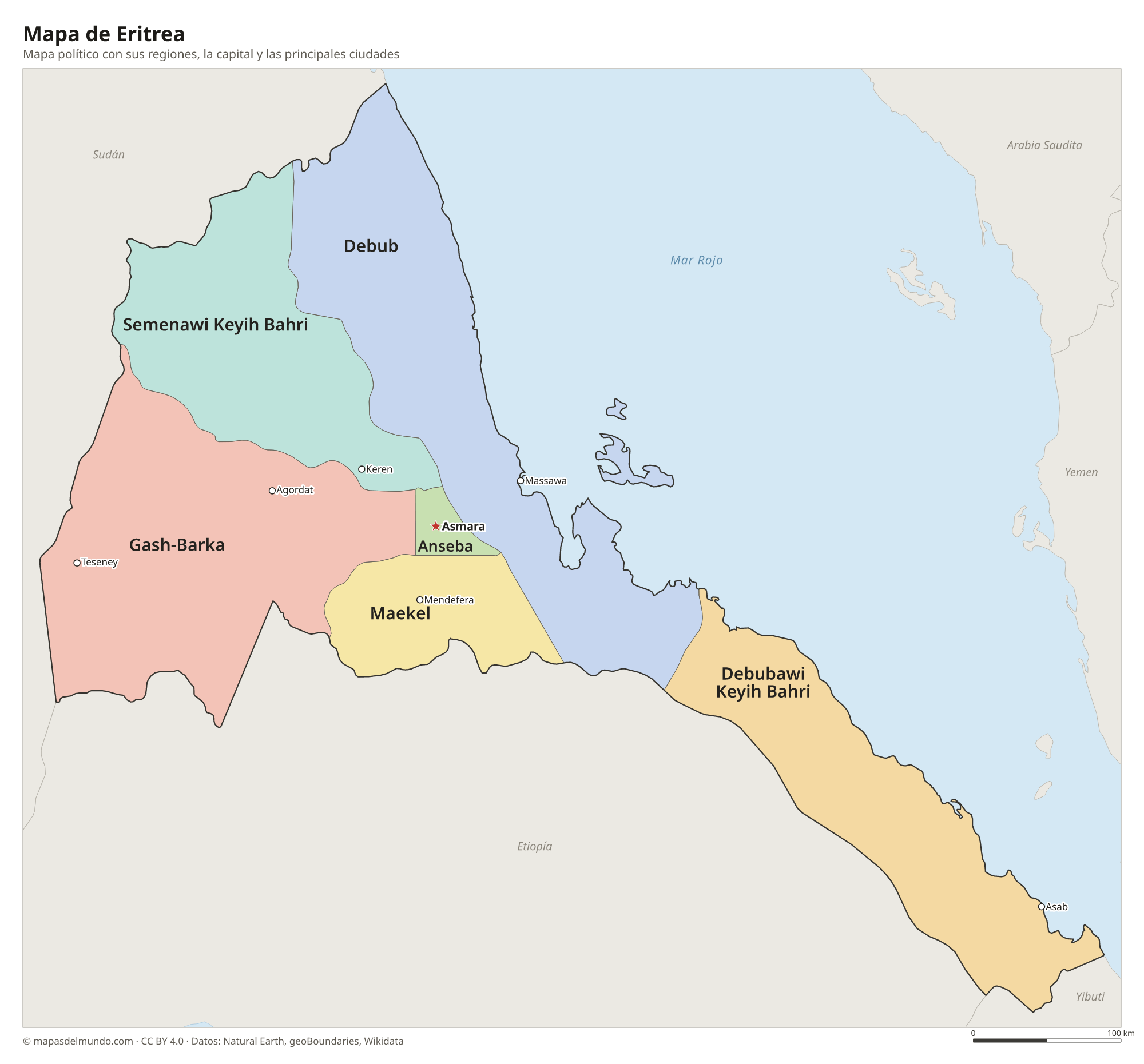 Mapa político de Eritrea con sus regiones y la capital Asmara