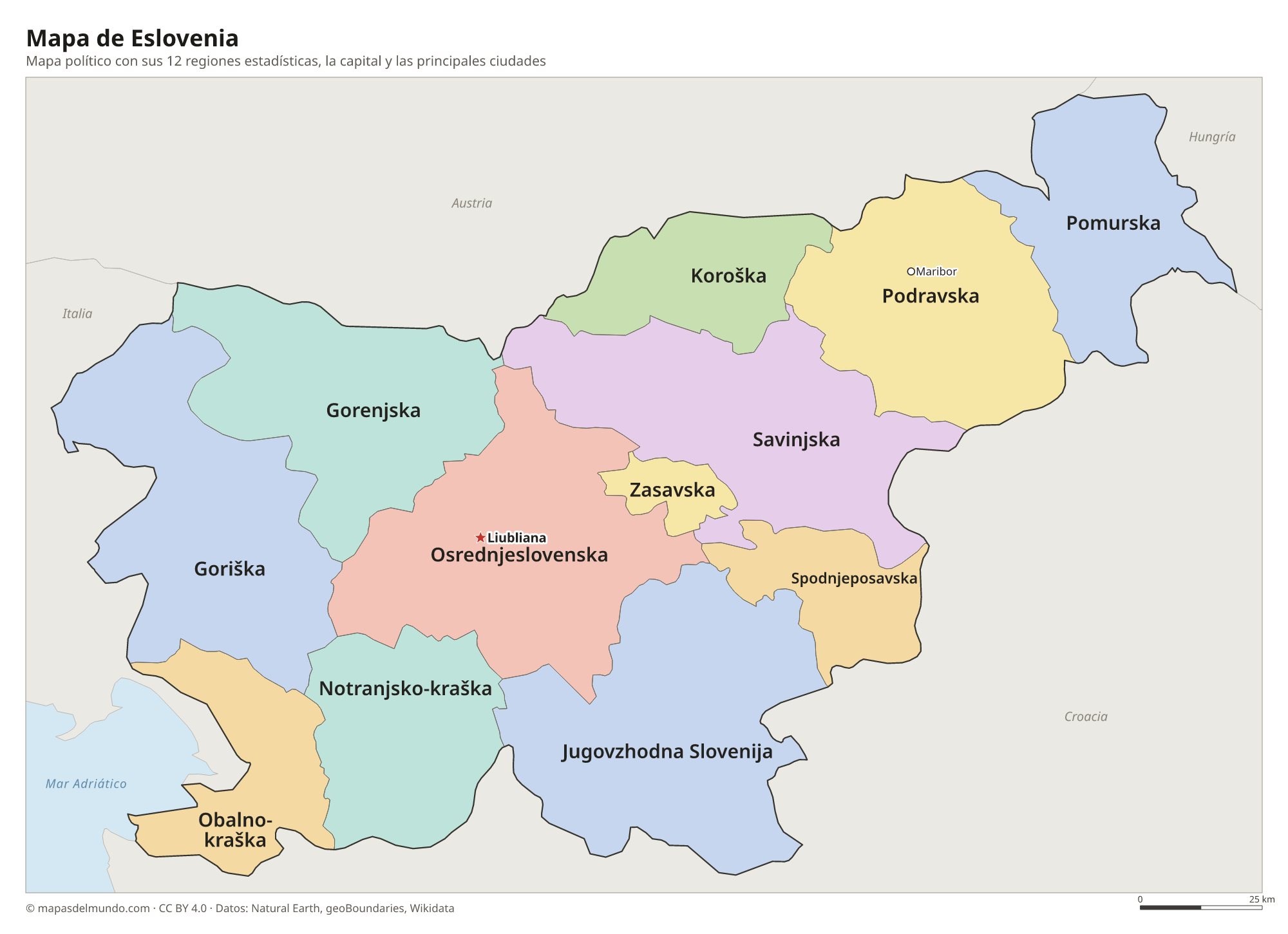 Mapa político de Eslovenia con sus regiones estadísticas y la capital Liubliana