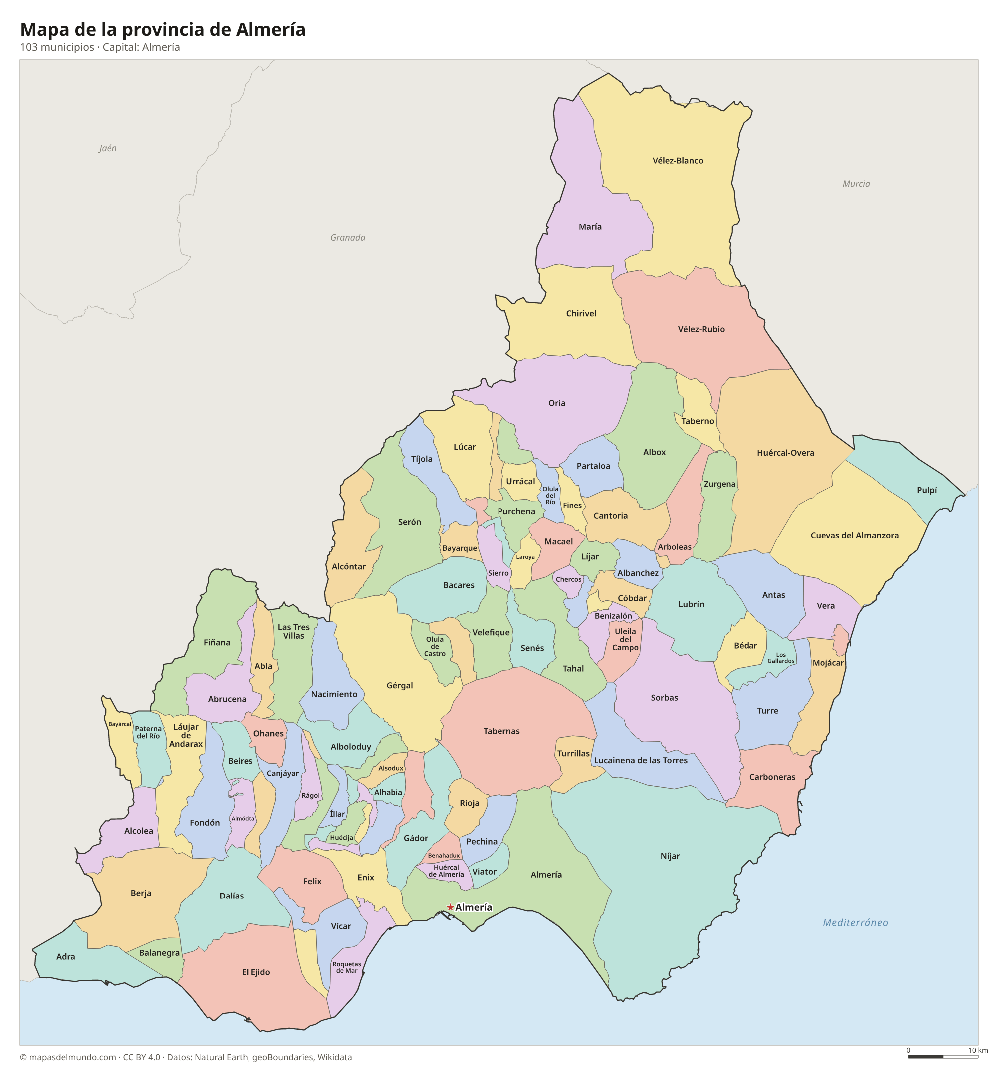 Mapa de la provincia de Almería con sus 103 municipios