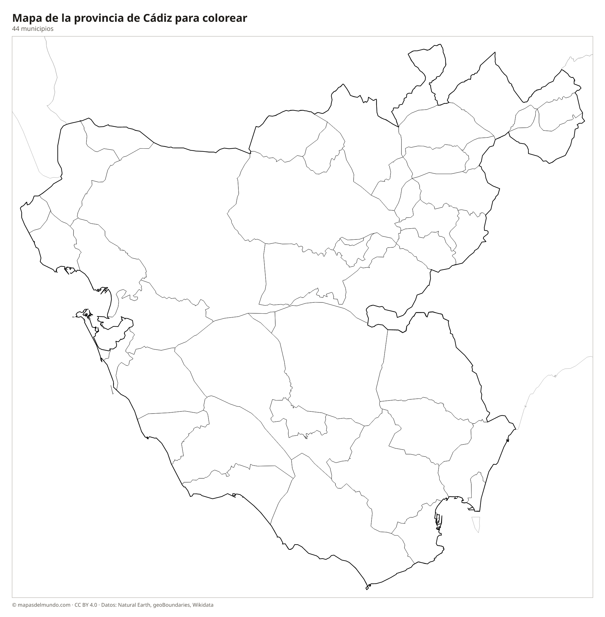Mapa de la provincia de Cádiz para colorear