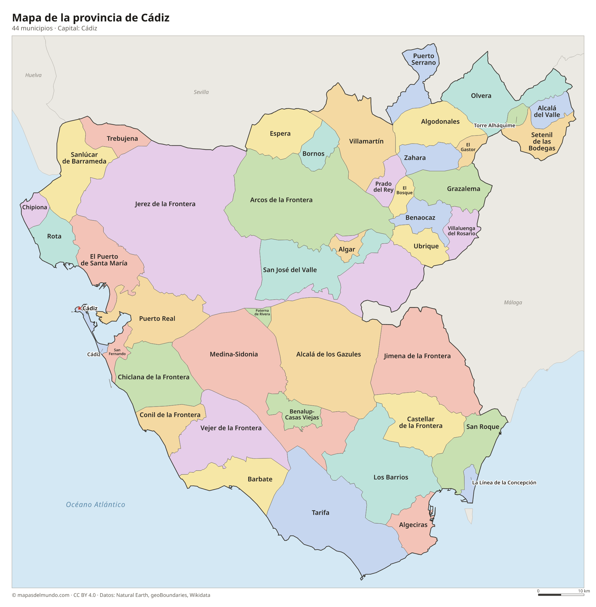 Mapa de la provincia de Cádiz con sus 44 municipios