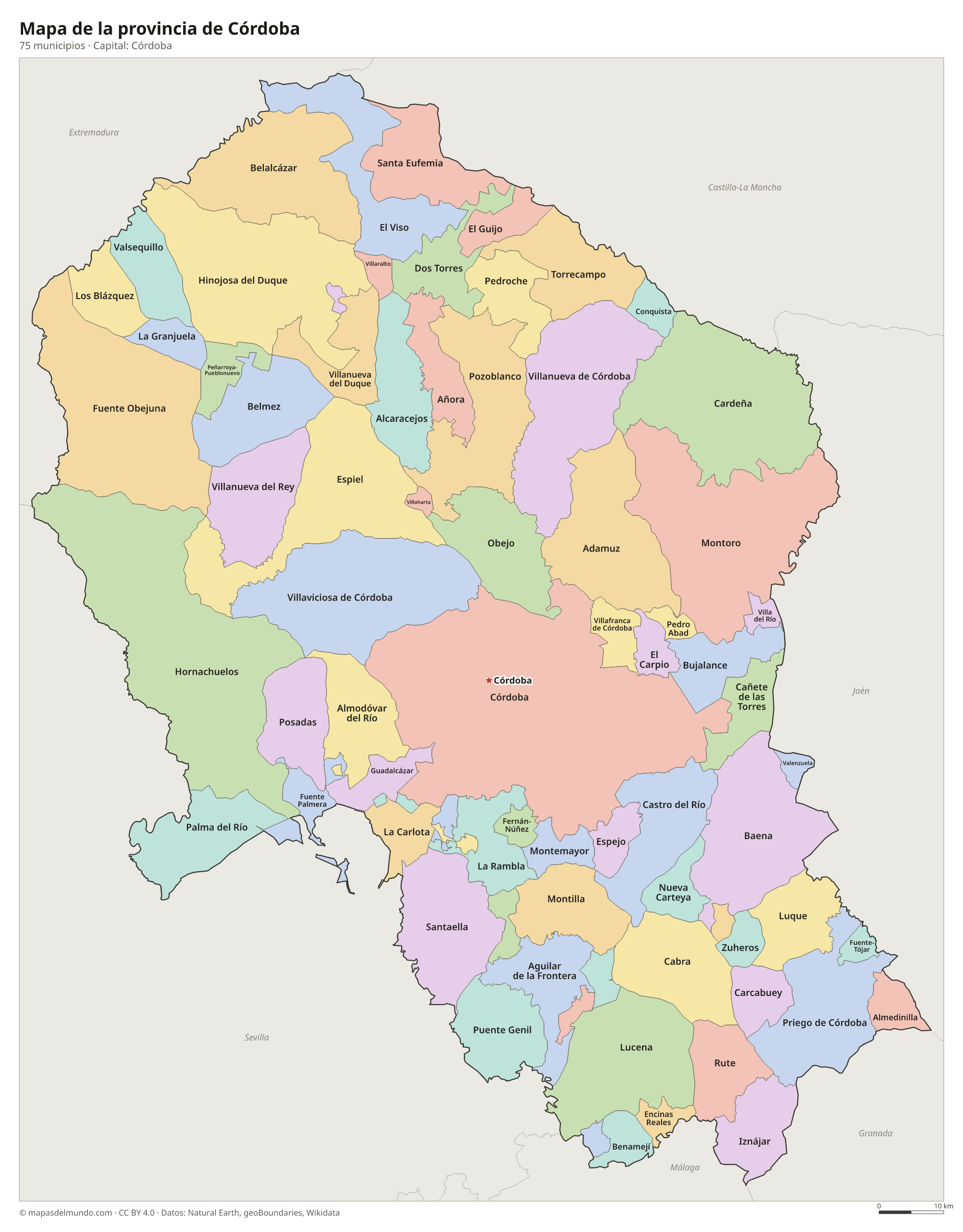 Mapa de la provincia de Córdoba con sus 75 municipios