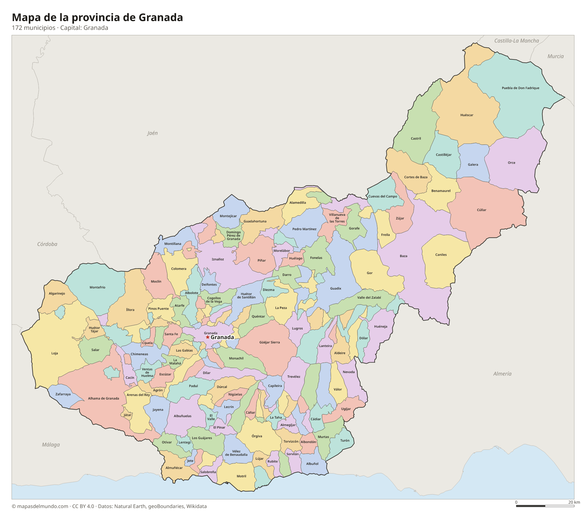 Mapa de la provincia de Granada con sus 172 municipios