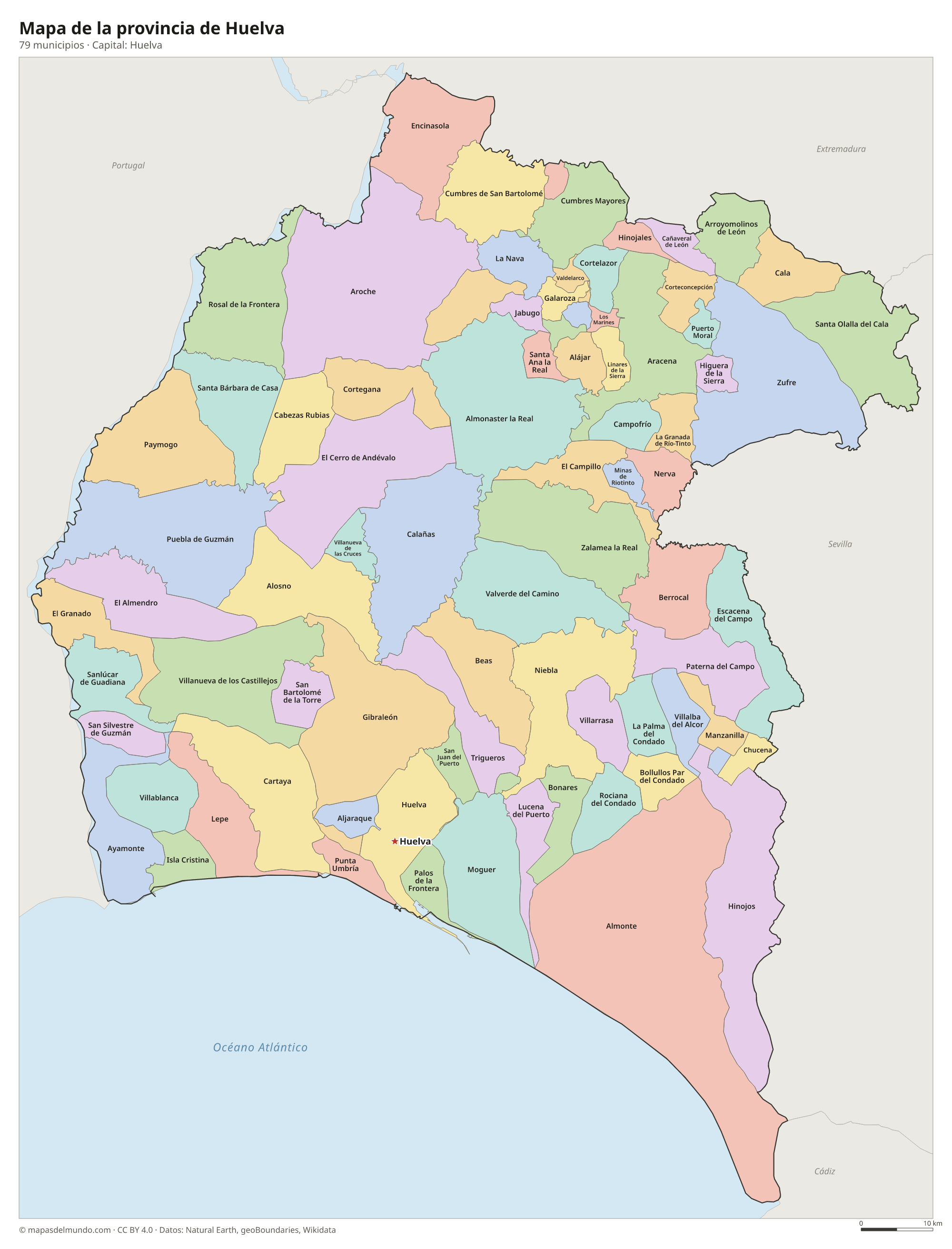 Mapa de la provincia de Huelva con sus 79 municipios