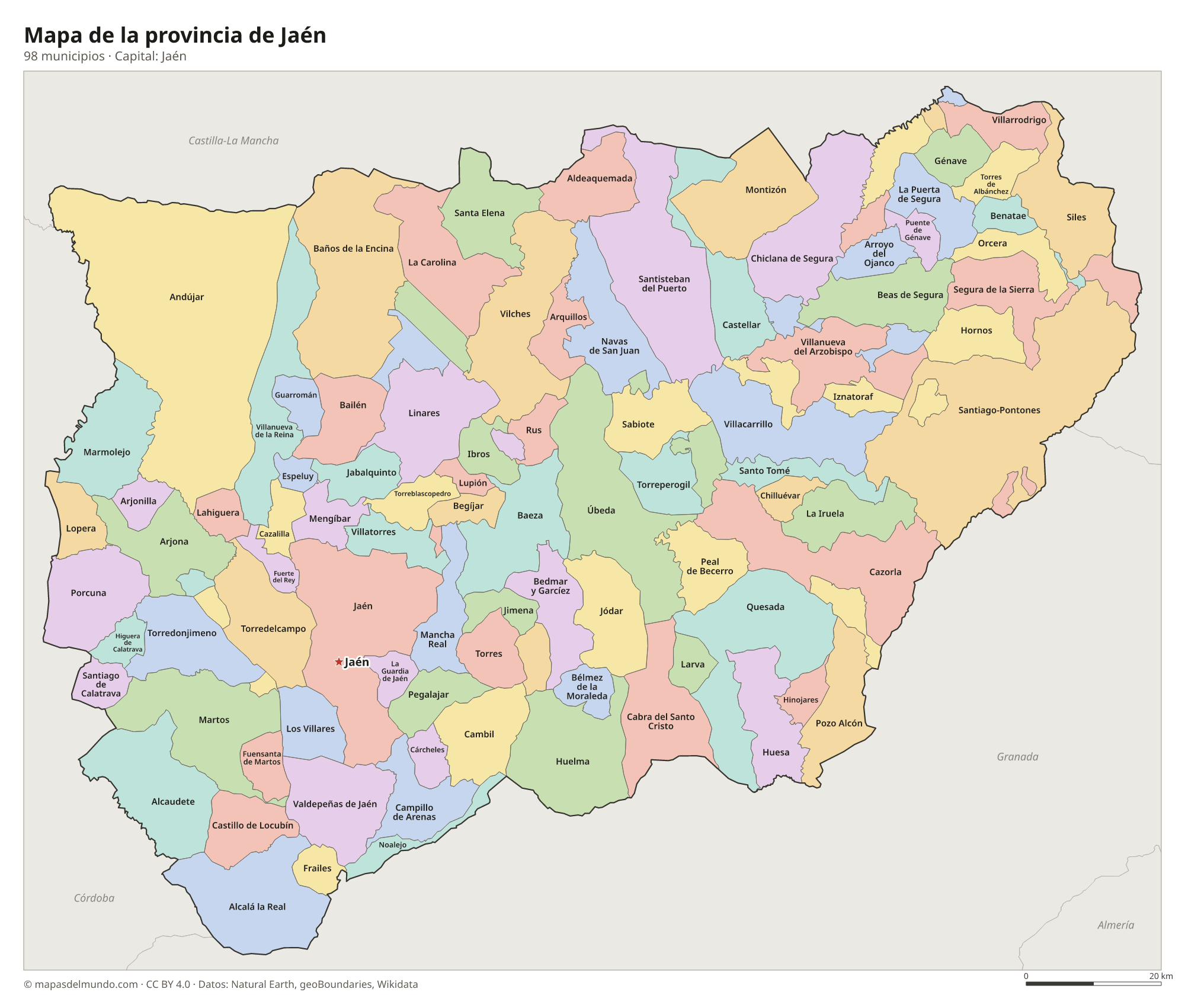 Mapa de la provincia de Jaén con sus 98 municipios