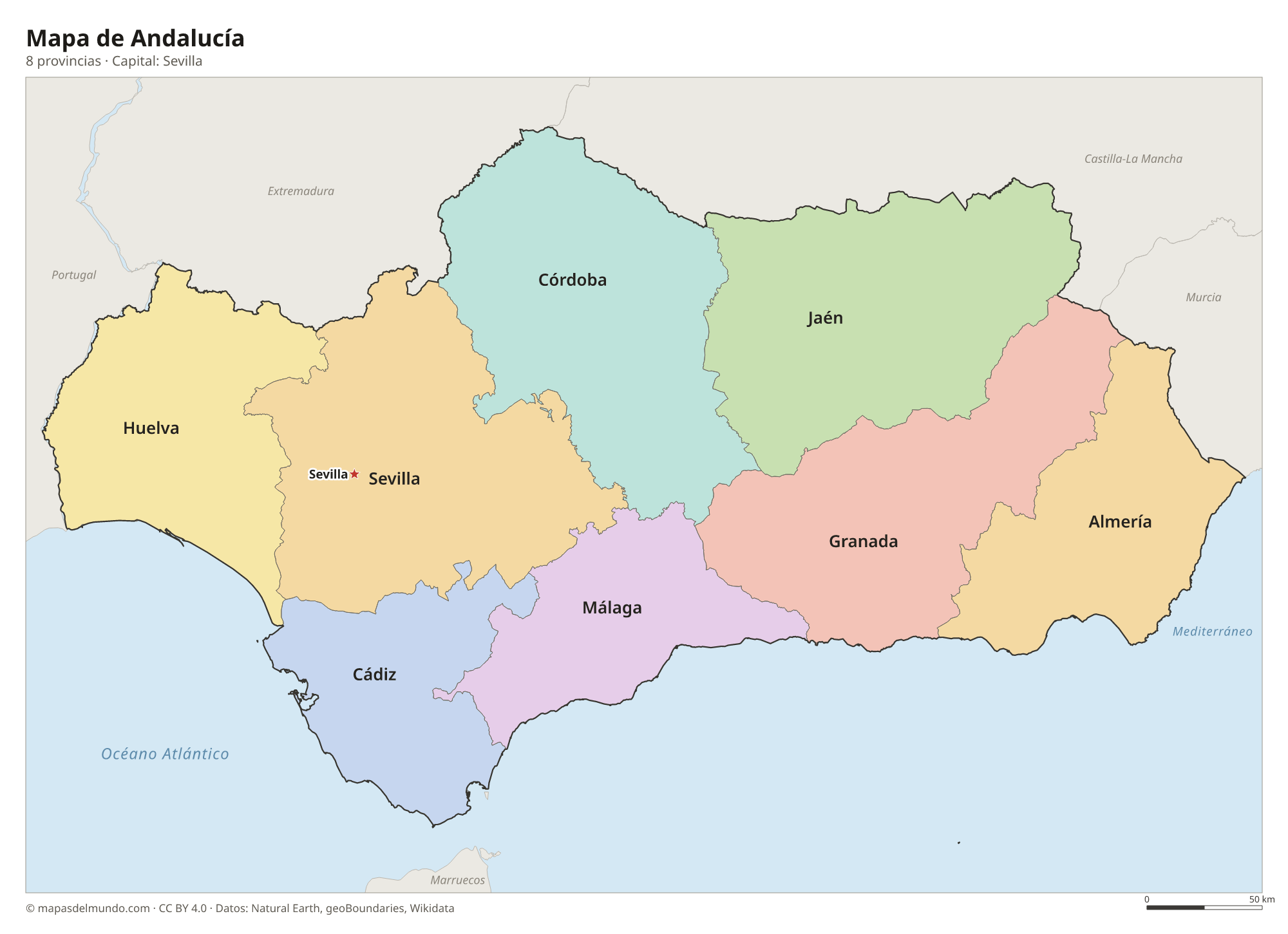 Mapa de Andalucía con sus 8 provincias