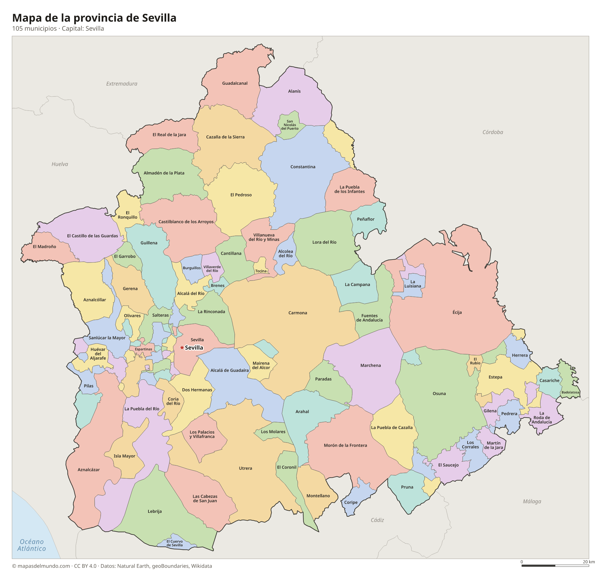 Mapa de la provincia de Sevilla con sus 105 municipios