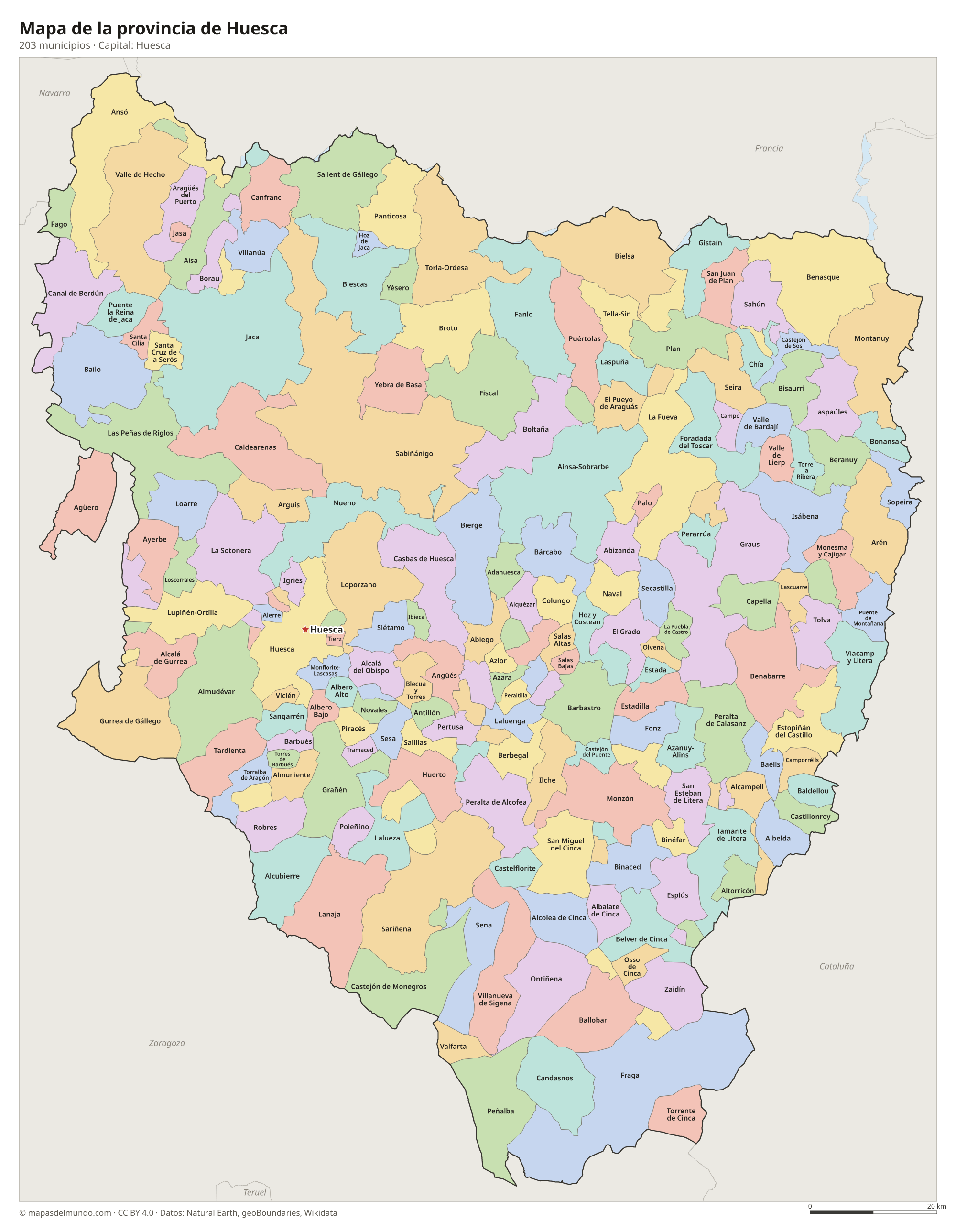 Mapa de la provincia de Huesca con sus 203 municipios