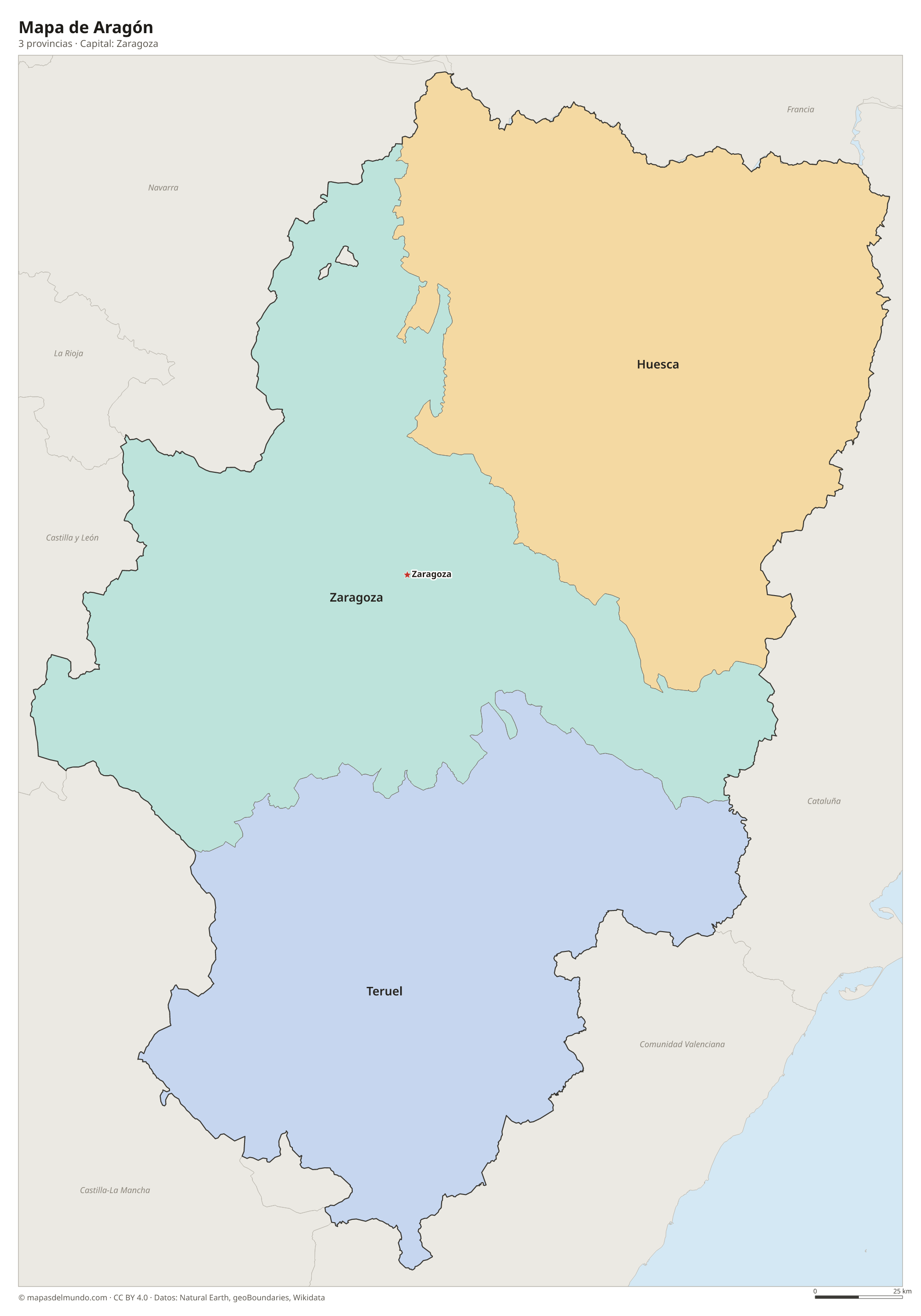Mapa de Aragón con sus 3 provincias