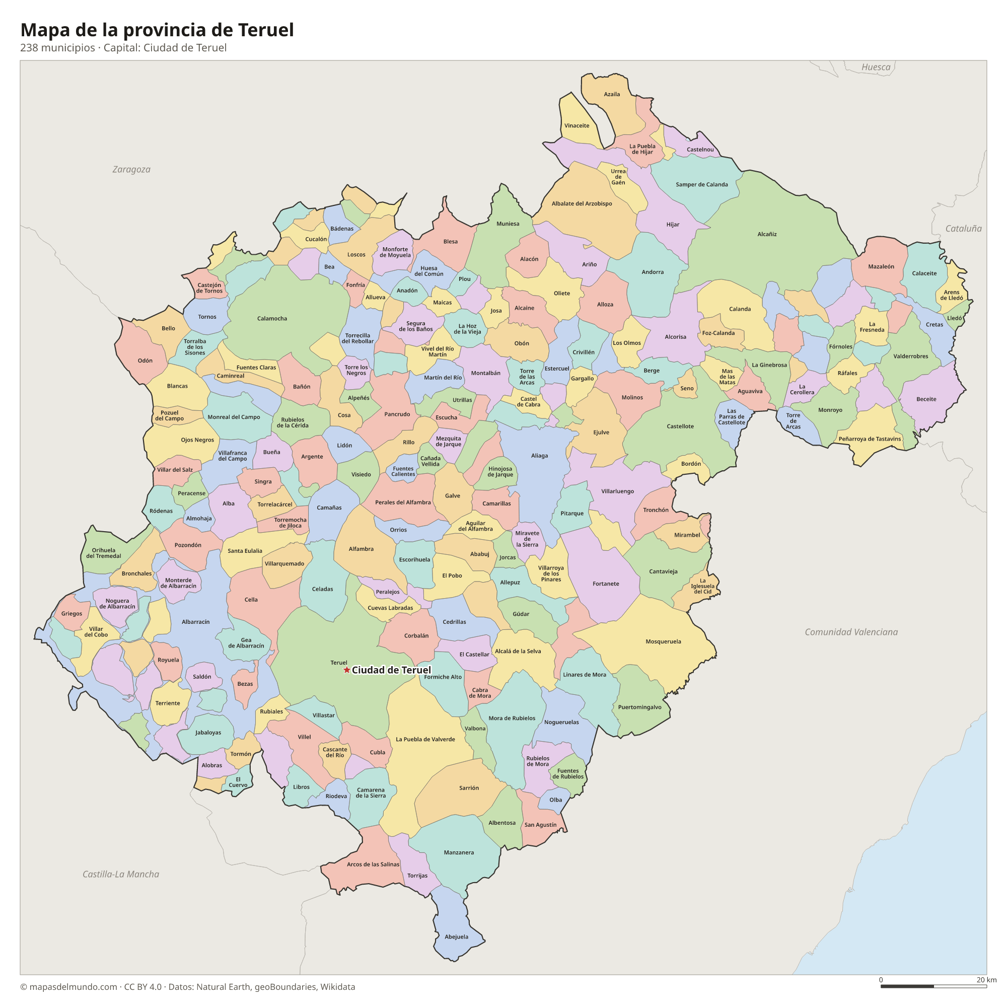 Mapa de la provincia de Teruel con sus 238 municipios