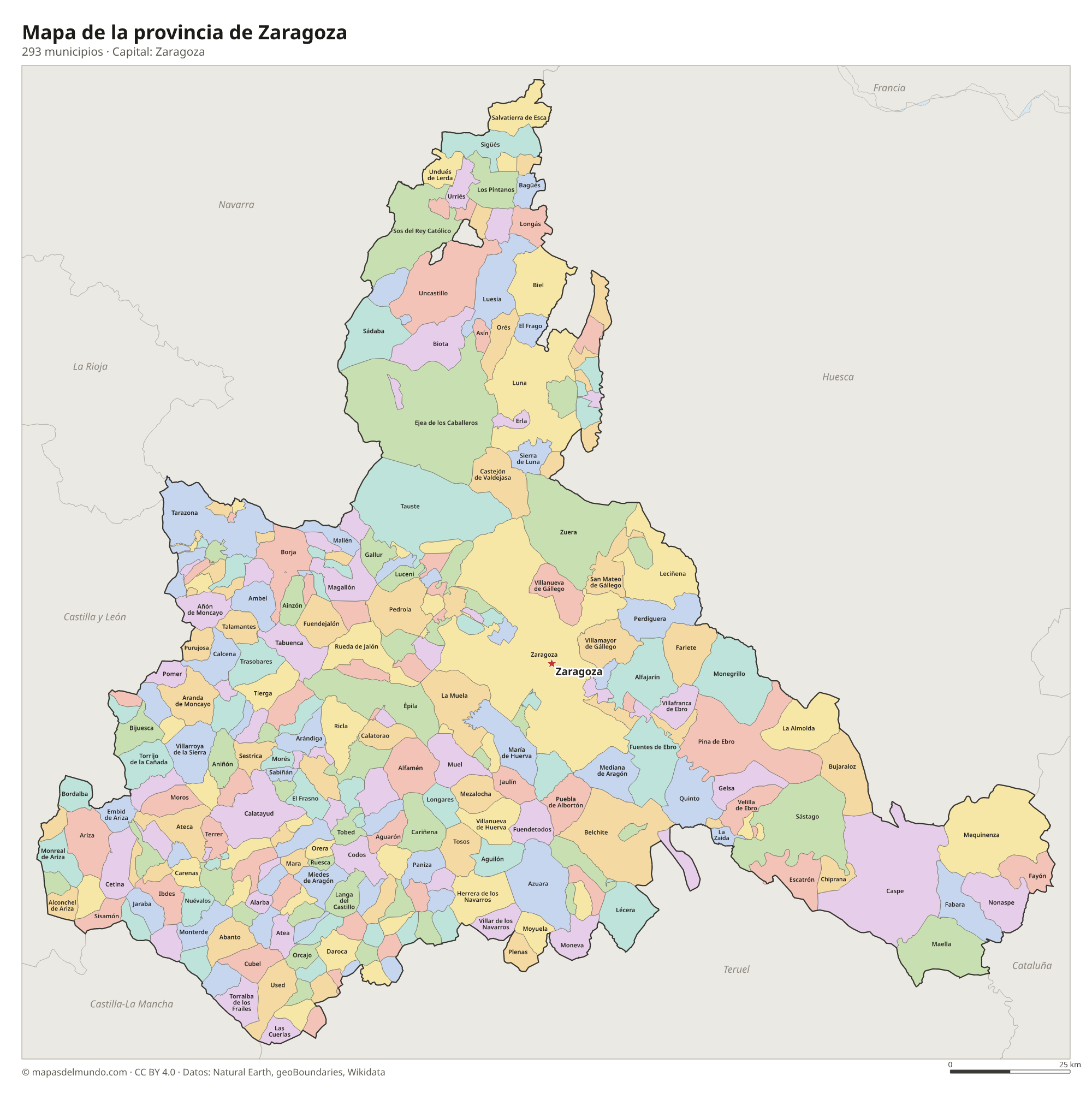 Mapa de la provincia de Zaragoza con sus 293 municipios