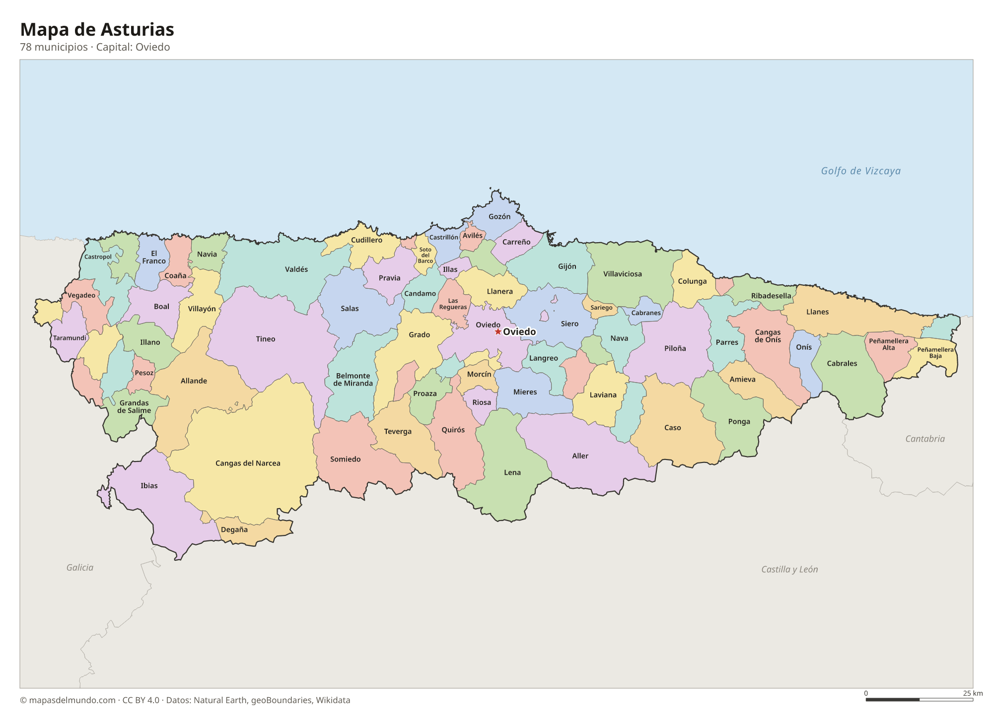 Mapa de Asturias con sus 78 municipios