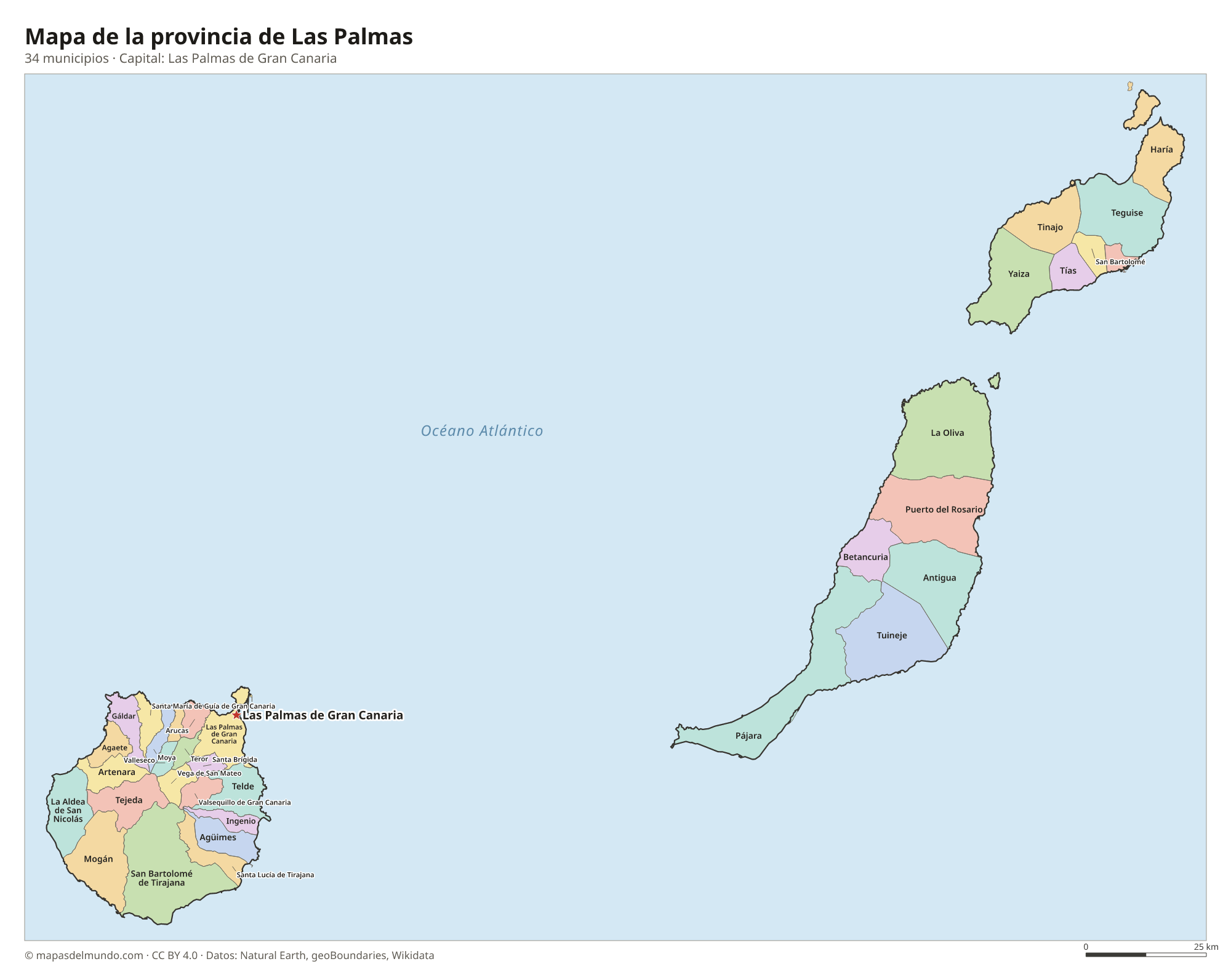 Mapa de la provincia de Las Palmas con sus 34 municipios