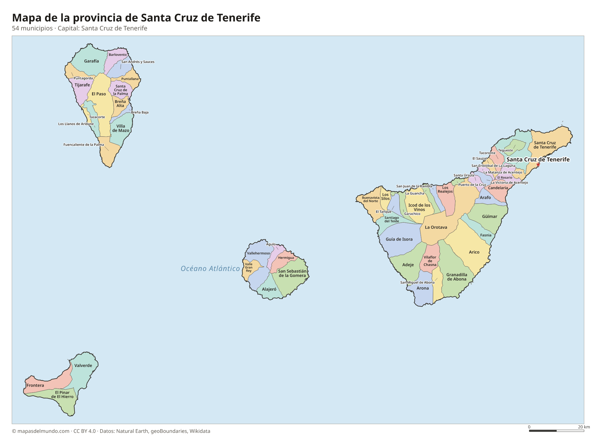 Mapa de la provincia de Santa Cruz de Tenerife con sus 54 municipios