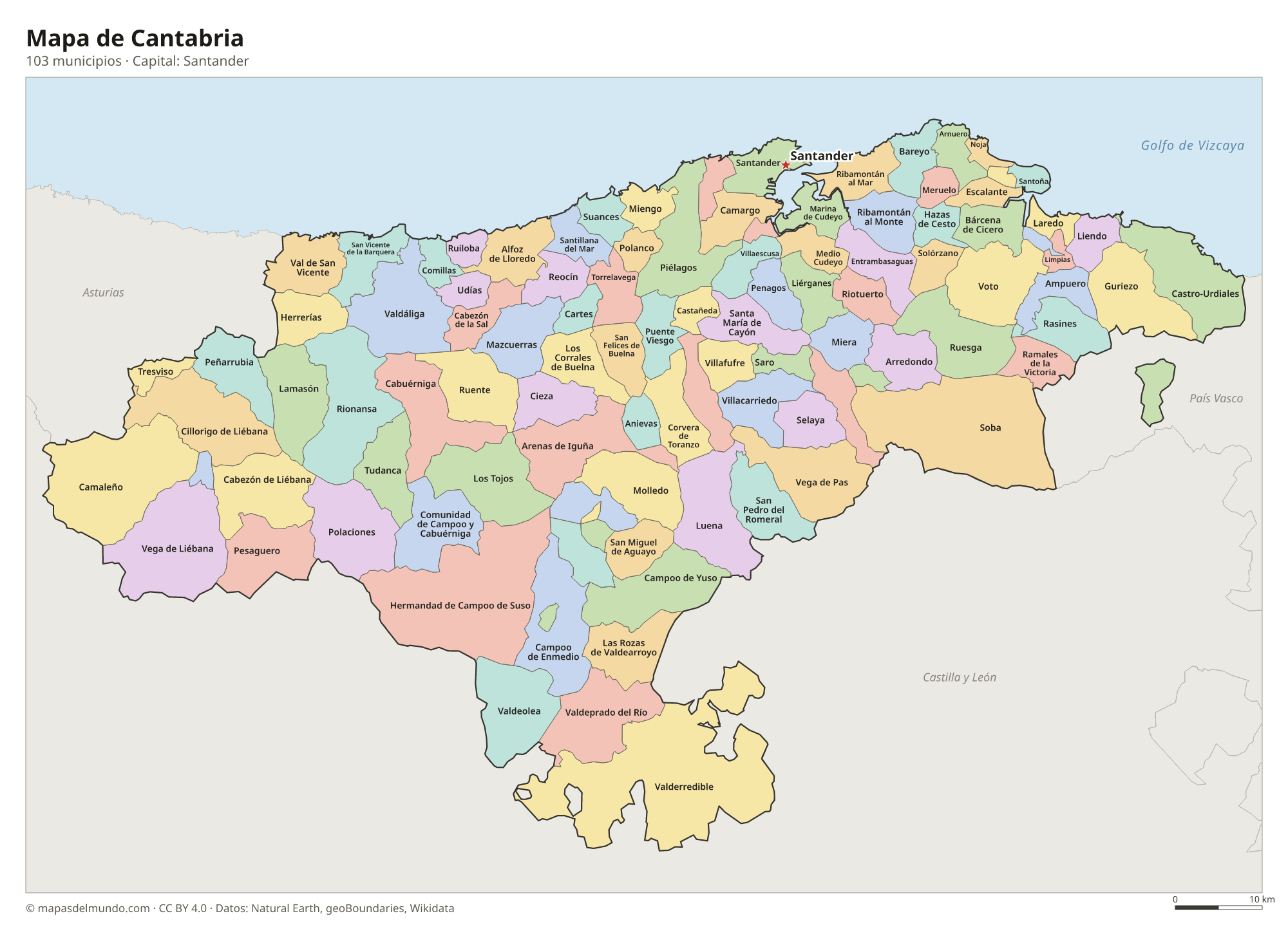 Mapa de Cantabria con sus 103 municipios