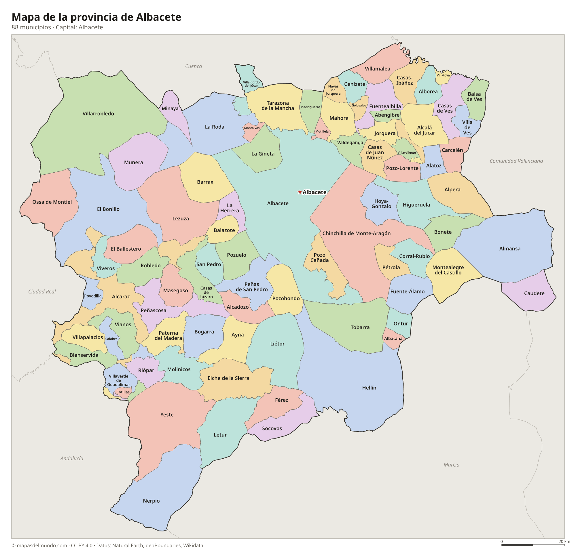 Mapa de la provincia de Albacete con sus 88 municipios