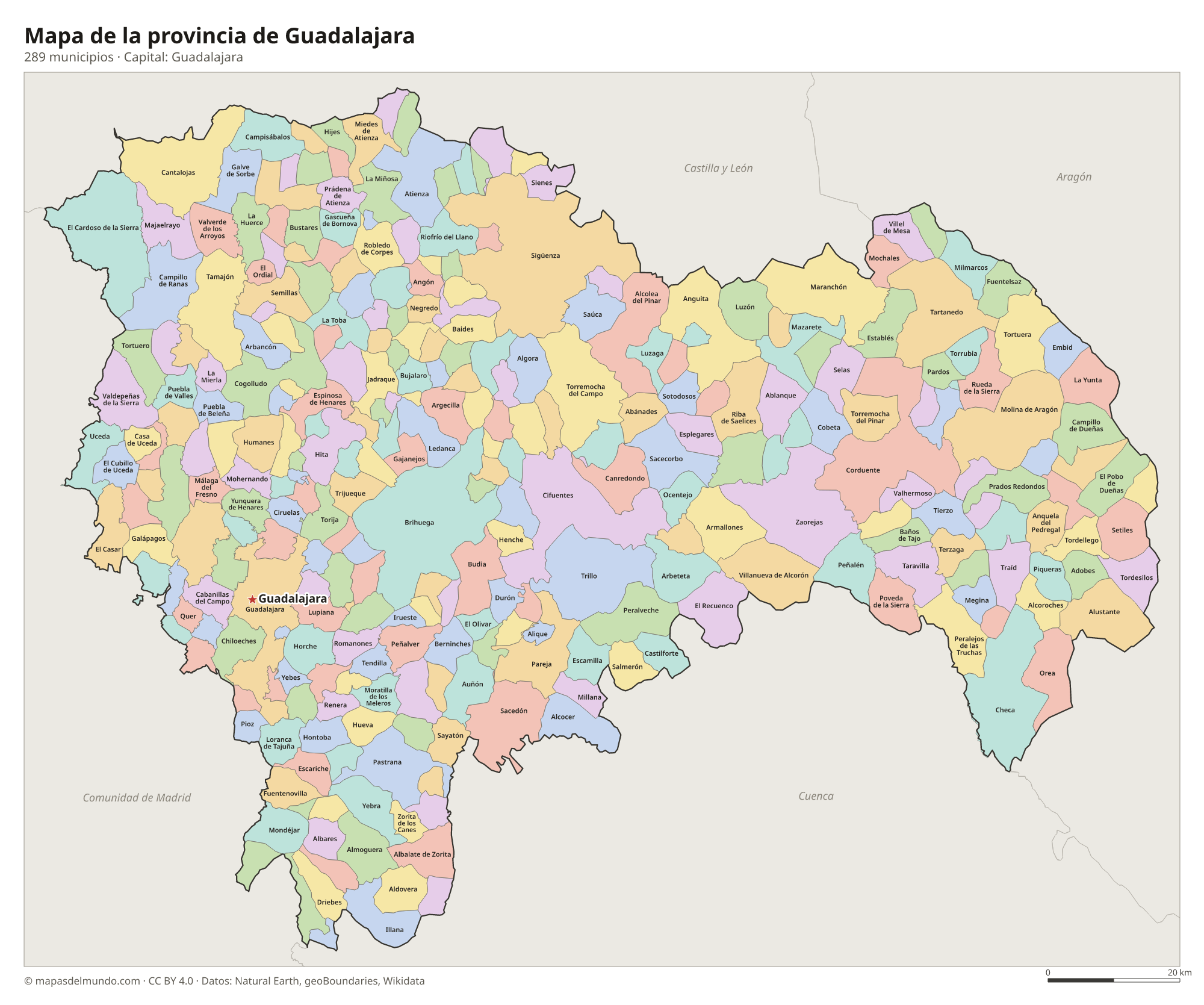 Mapa de la provincia de Guadalajara con sus 289 municipios
