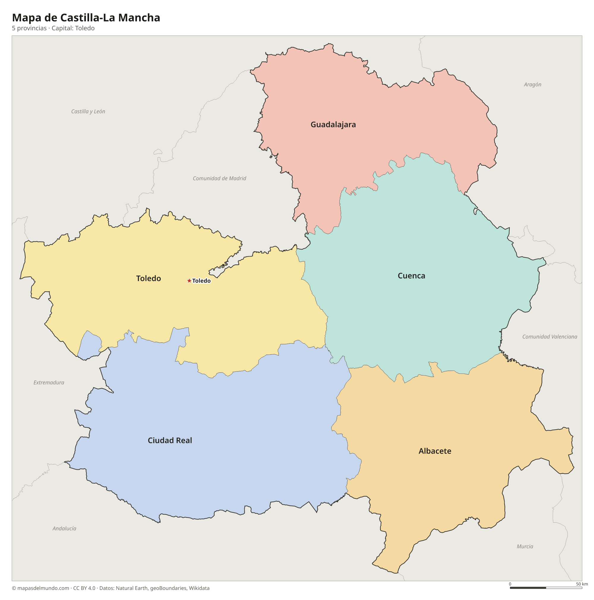 Mapa de Castilla-La Mancha con sus 5 provincias