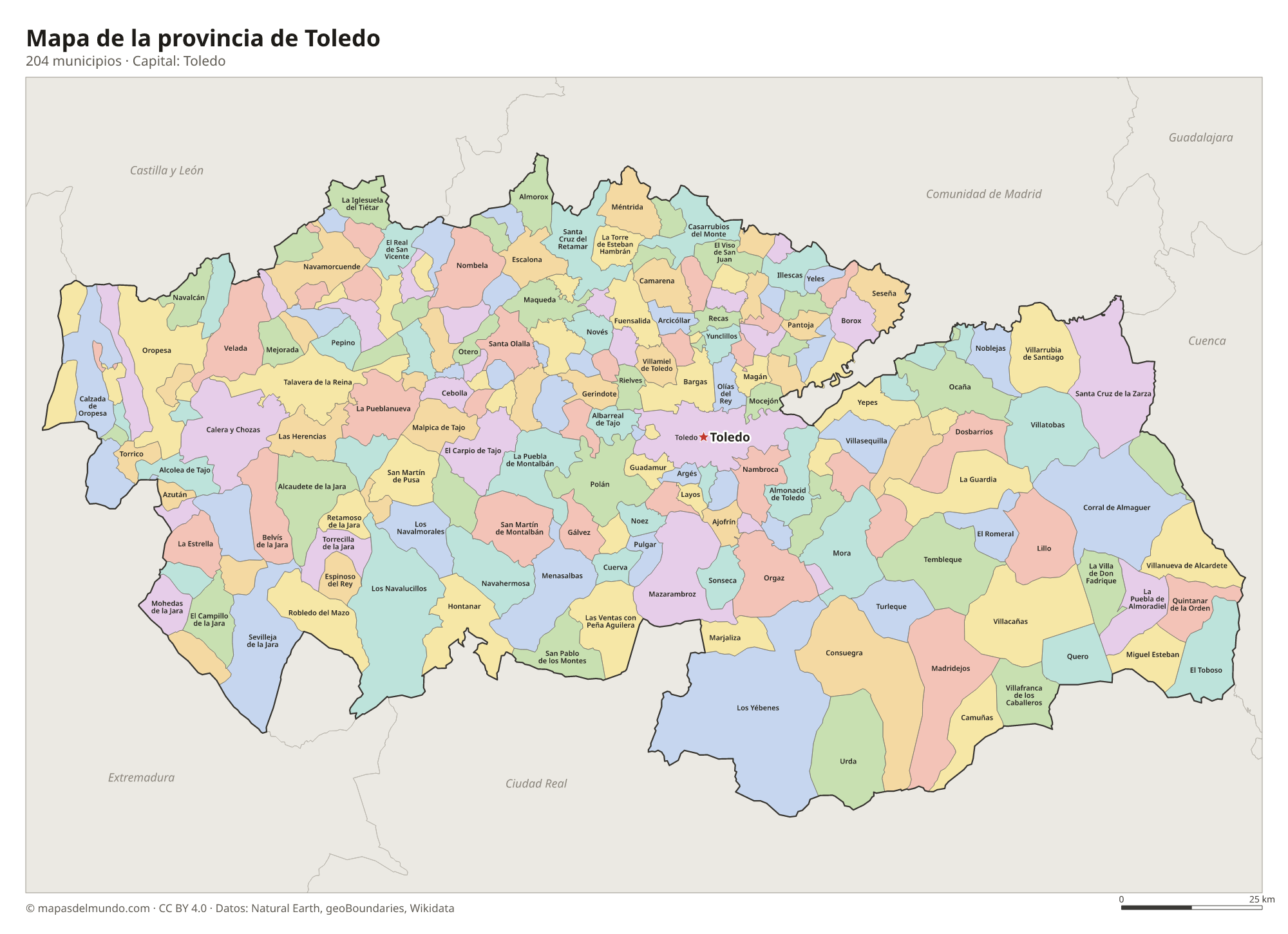 Mapa de la provincia de Toledo con sus 204 municipios