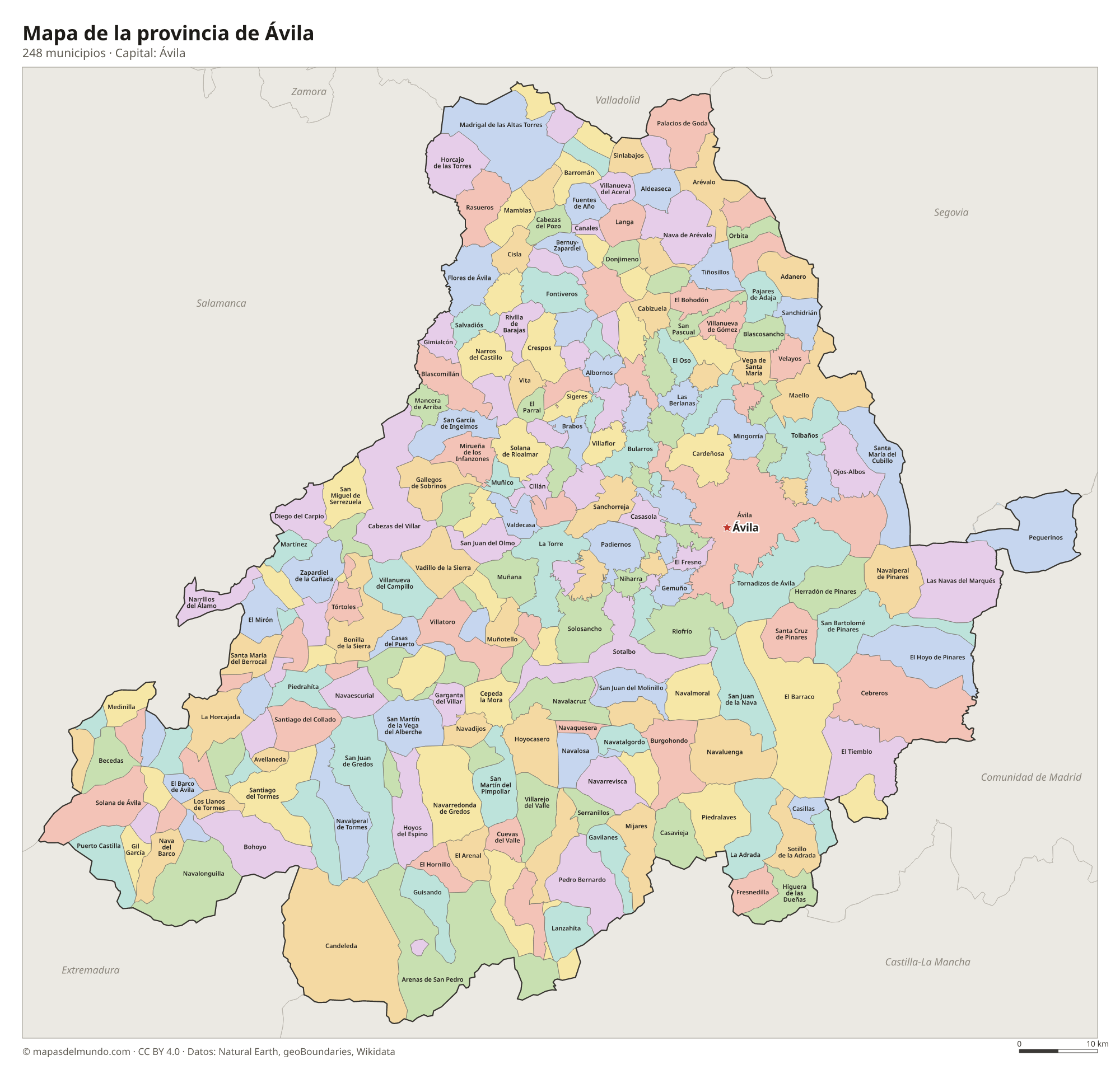 Mapa de la provincia de Ávila con sus 248 municipios